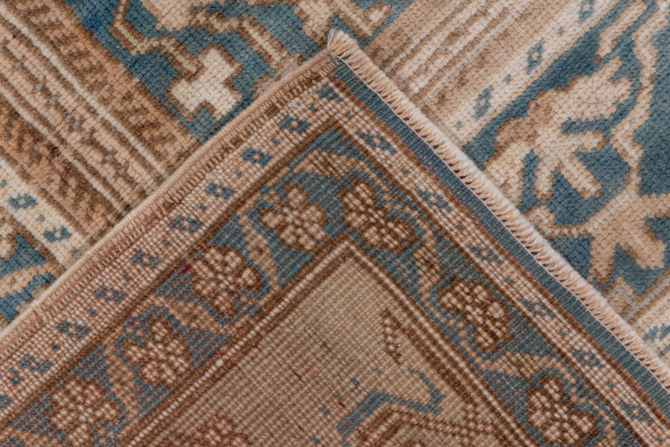 6' x 10' one-of-a-kind handmade vintage Oushak large size rug. Color palette: ivory, blue, beige, taupe, camel, gray