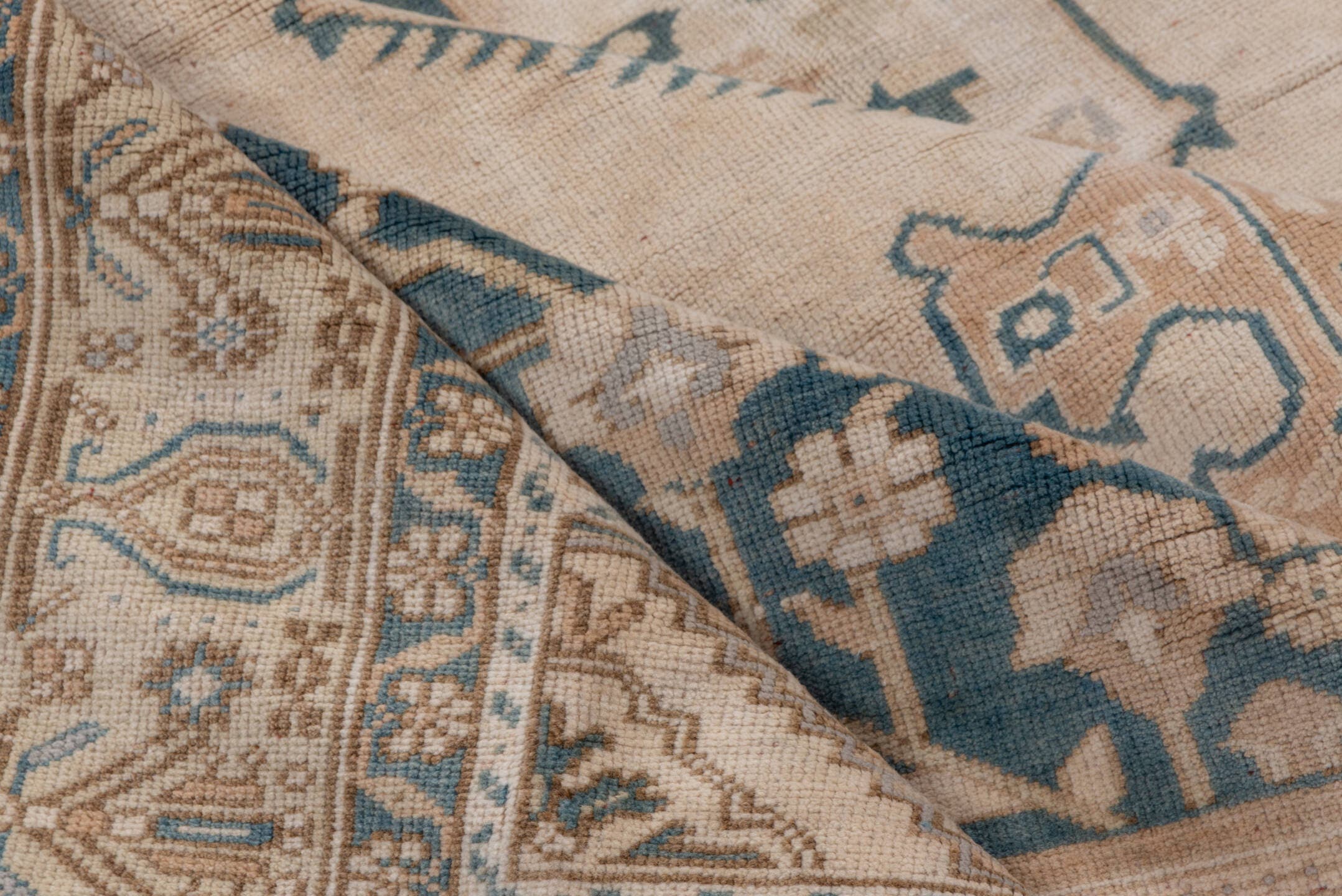 6' x 10' one-of-a-kind handmade vintage Oushak large size rug. Color palette: ivory, blue, beige, taupe, camel, gray