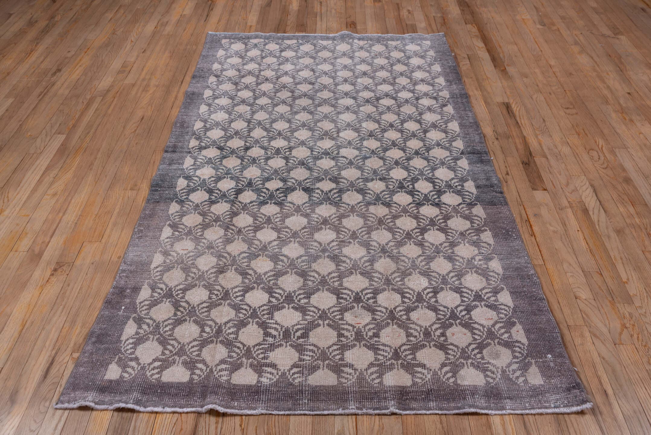 4' x 8' one-of-a-kind handmade vintage Oushak rug. Color palette: gray, ivory, taupe, beige