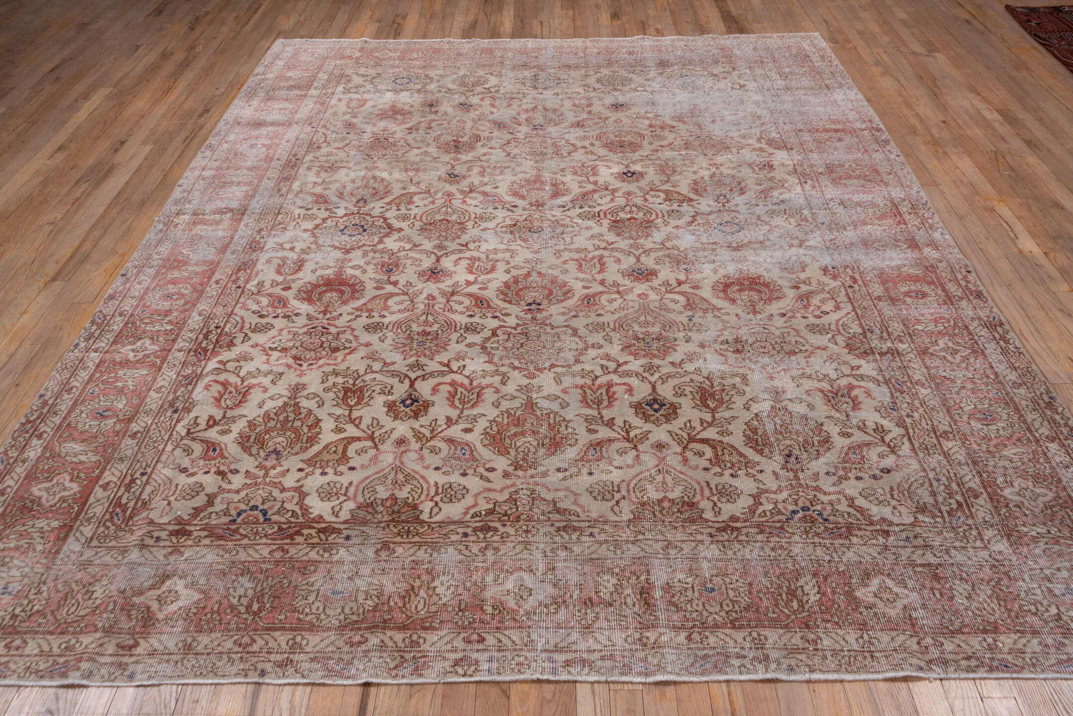 8' x 10' one-of-a-kind handmade vintage Oushak large size rug. Color palette: ivory, rose, blush, taupe, dusty blue, beige