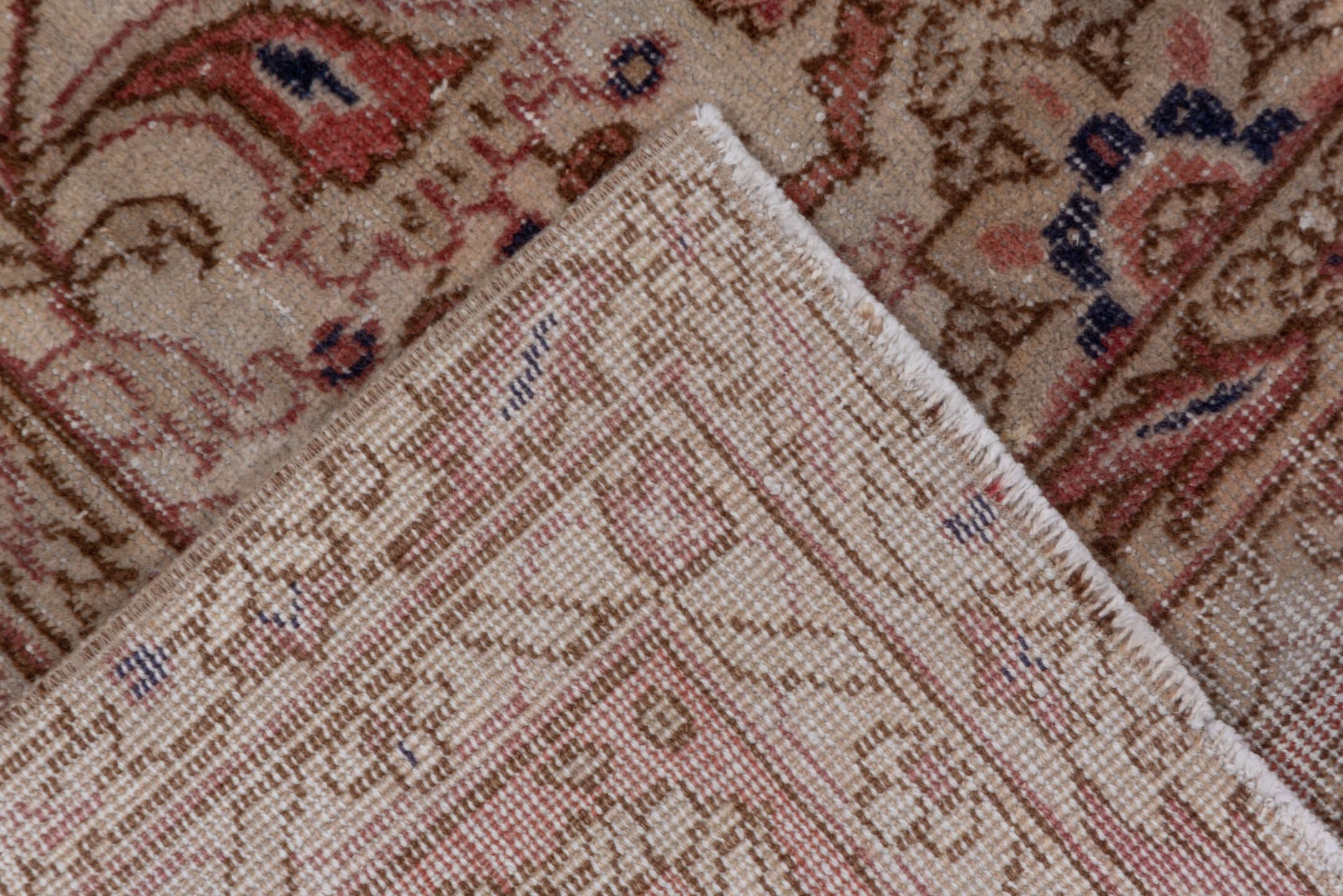 8' x 10' one-of-a-kind handmade vintage Oushak large size rug. Color palette: ivory, rose, blush, taupe, dusty blue, beige
