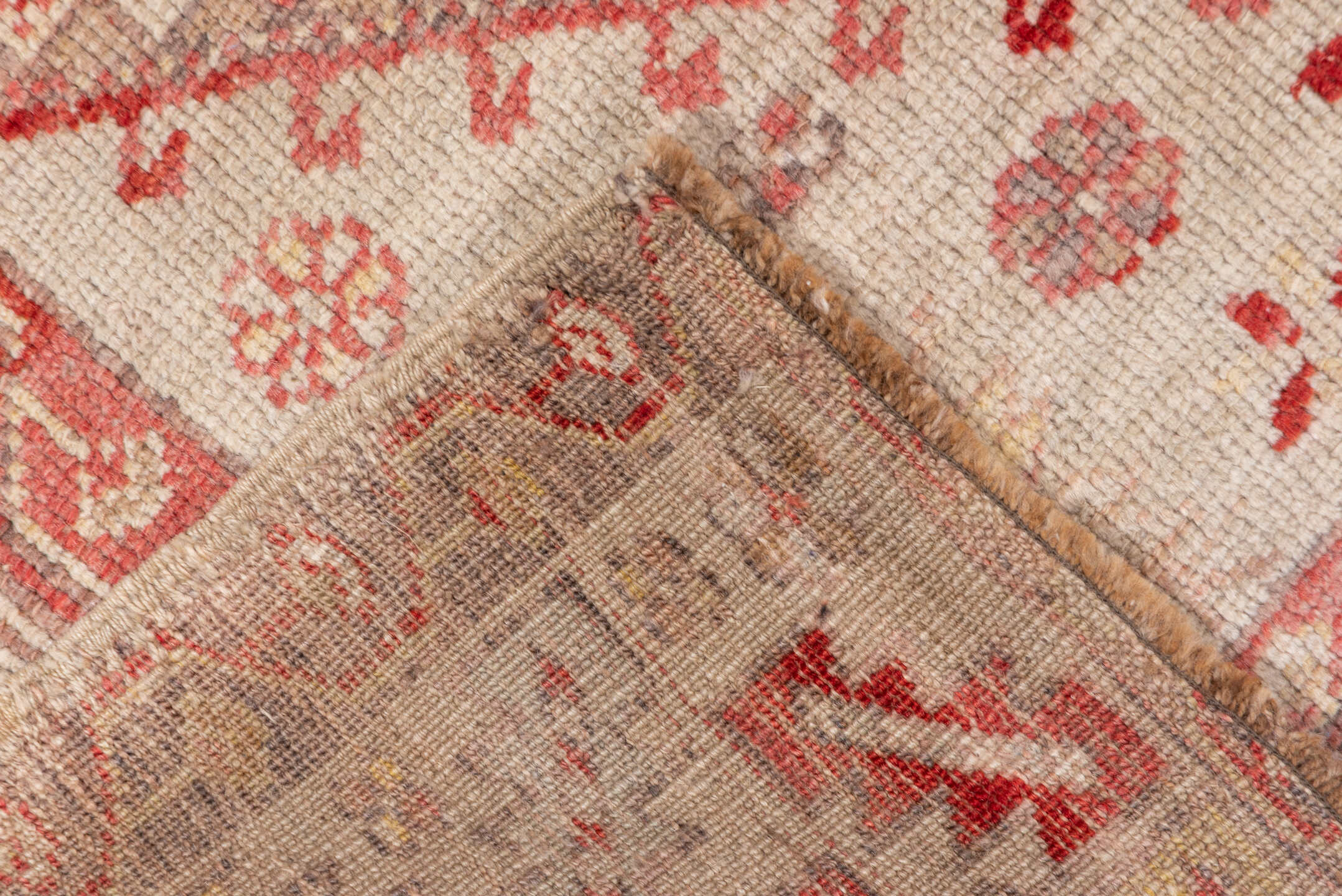 3' x 5' one-of-a-kind handmade vintage Oushak small size rug. Color palette: brown, gray, light gray, orange, pink, red