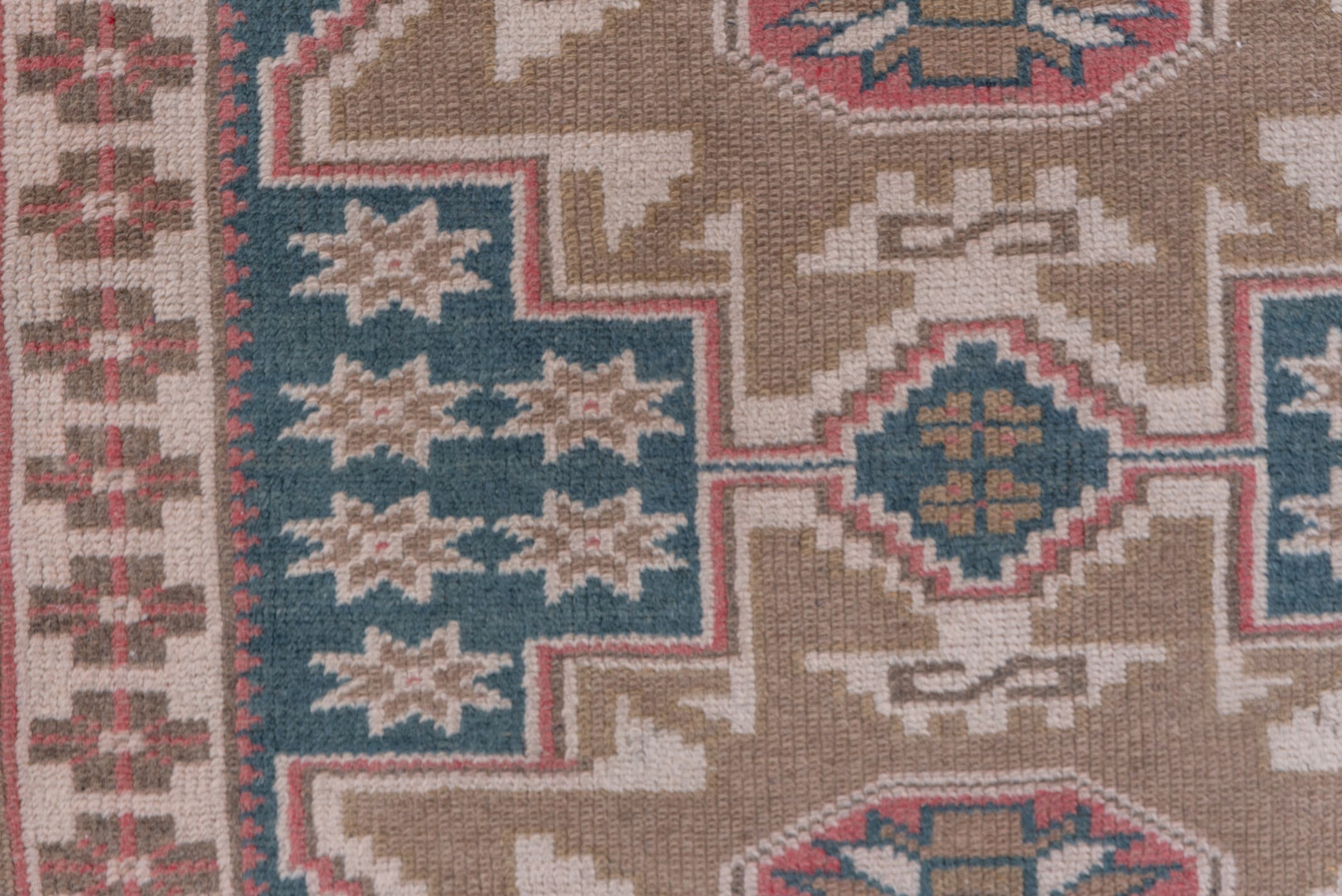 2' x 9' one-of-a-kind handmade vintage Oushak runner rug. Color palette: blue, gray, off-white, pink, snow, white