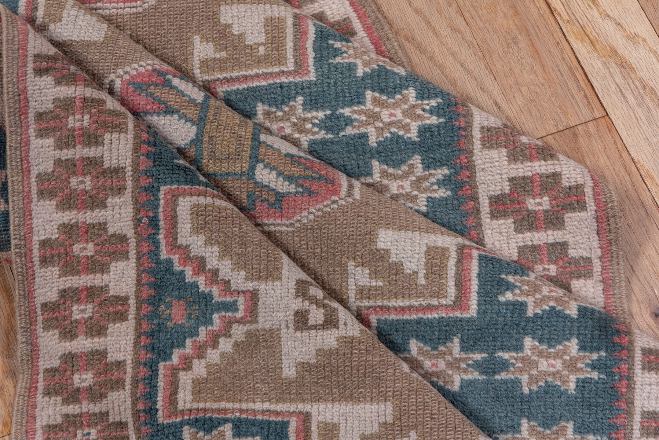 2' x 9' one-of-a-kind handmade vintage Oushak runner rug. Color palette: blue, gray, off-white, pink, snow, white