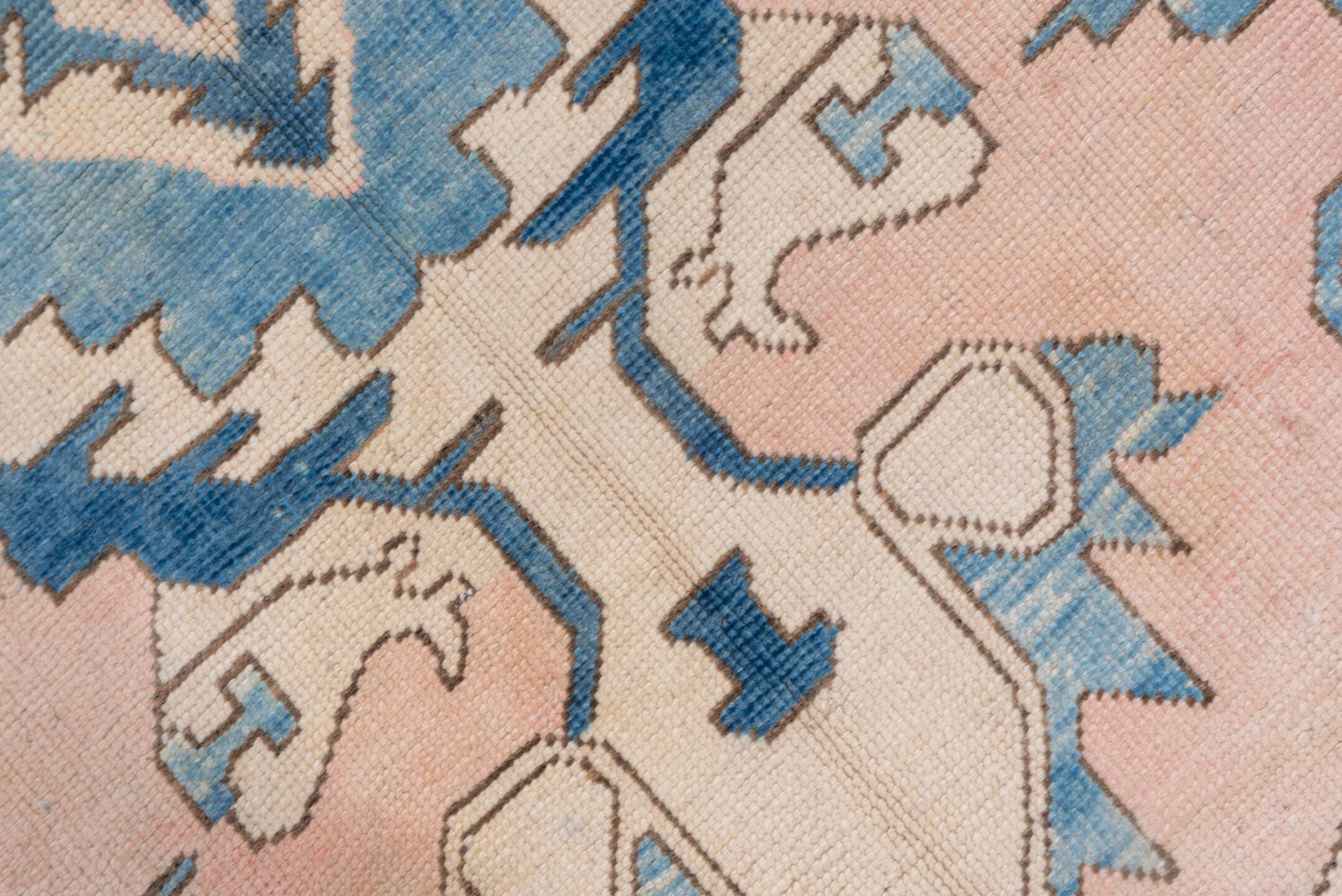 10' x 12' one-of-a-kind handmade vintage Oushak large size rug. Color palette: ivory, sky blue, blush, taupe, camel