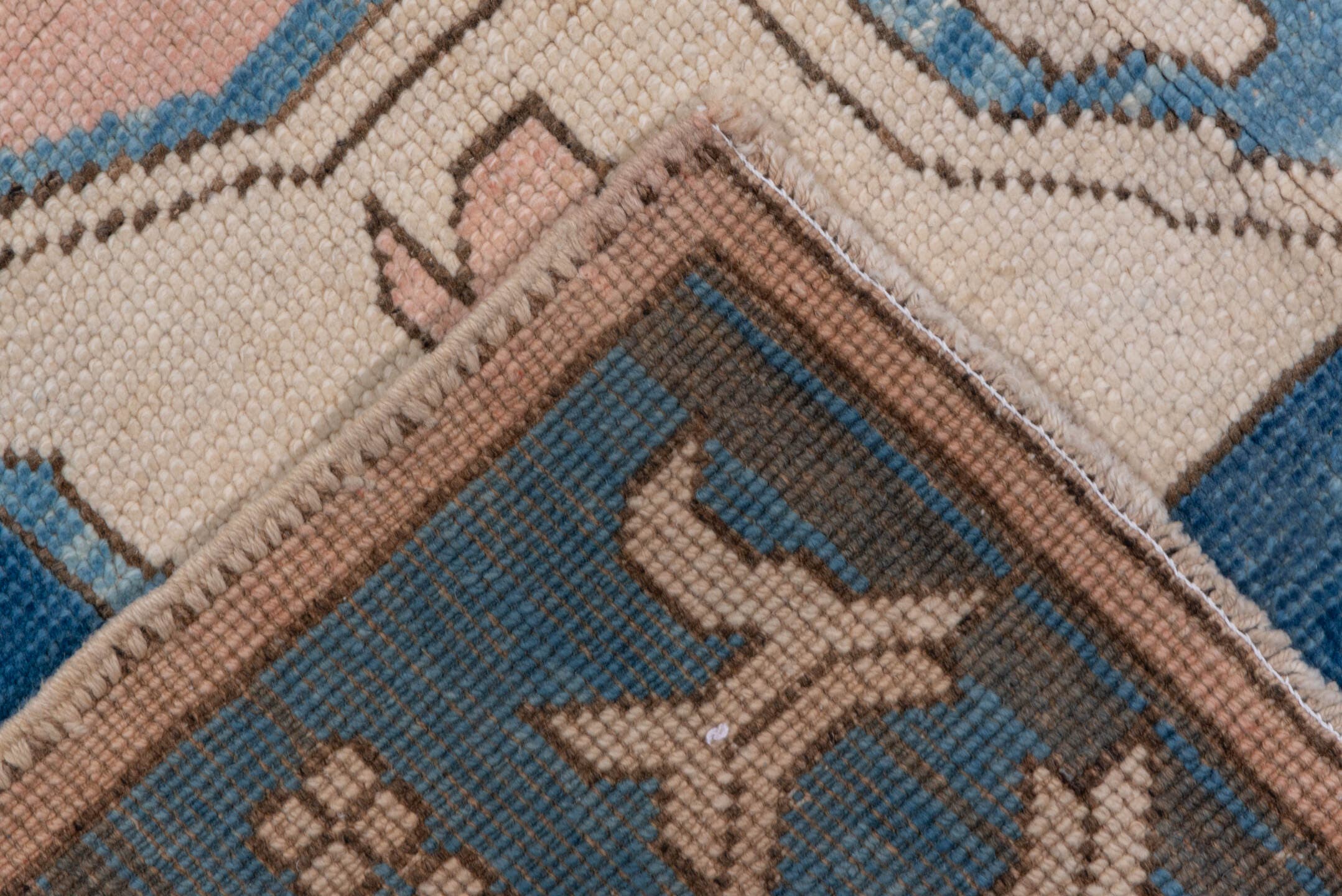 10' x 12' one-of-a-kind handmade vintage Oushak large size rug. Color palette: ivory, sky blue, blush, taupe, camel
