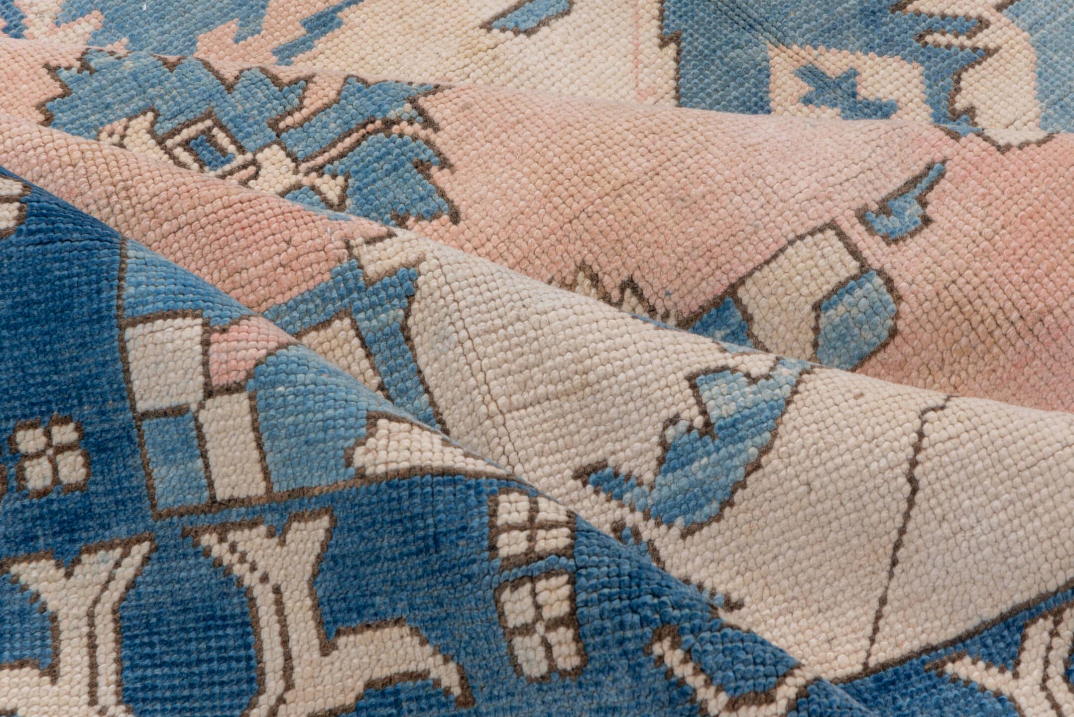 10' x 12' one-of-a-kind handmade vintage Oushak large size rug. Color palette: ivory, sky blue, blush, taupe, camel