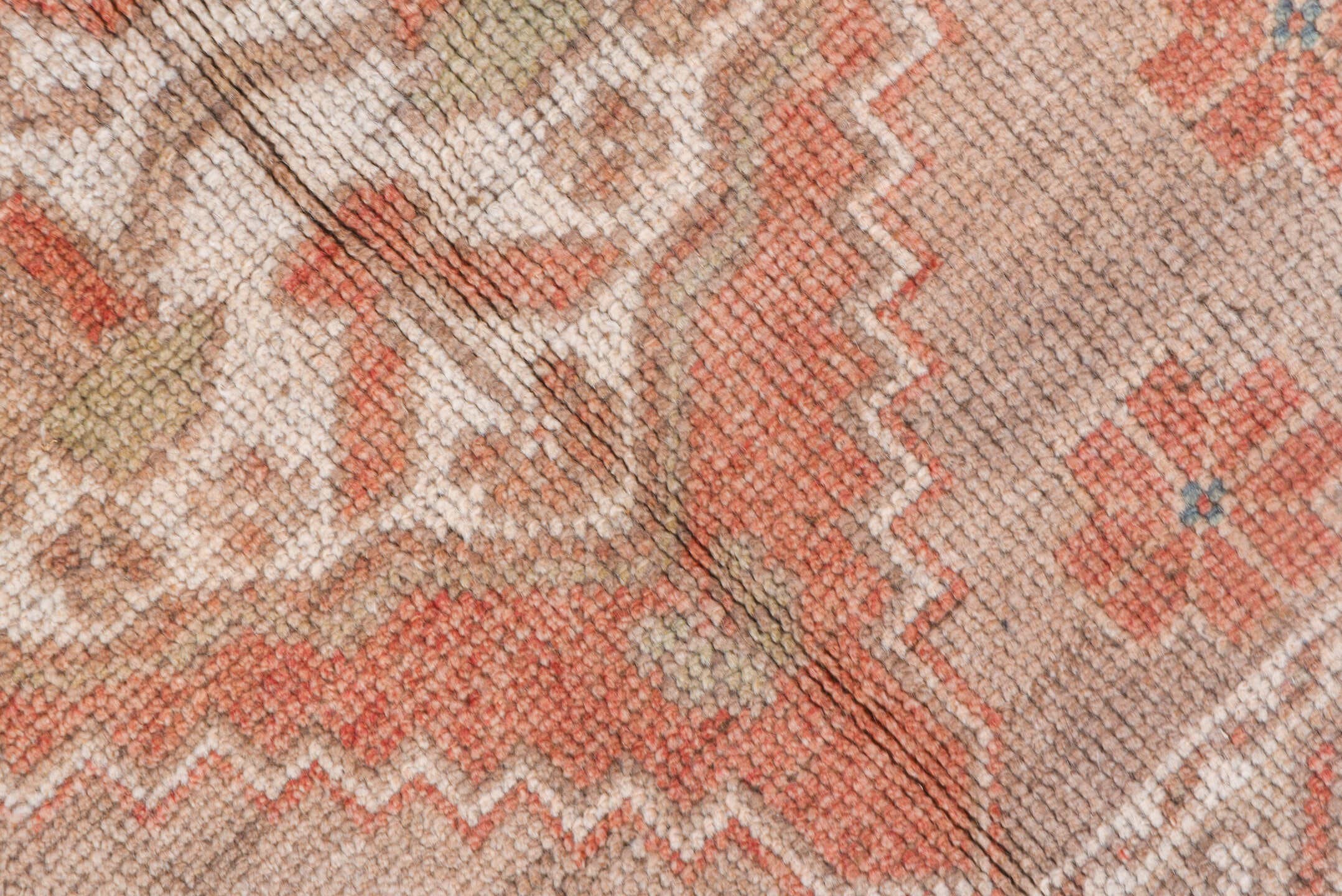 4' x 7' one-of-a-kind handmade vintage Oushak rug. Color palette: blush, taupe, ivory, coral, dusty blue, beige, pink, gray