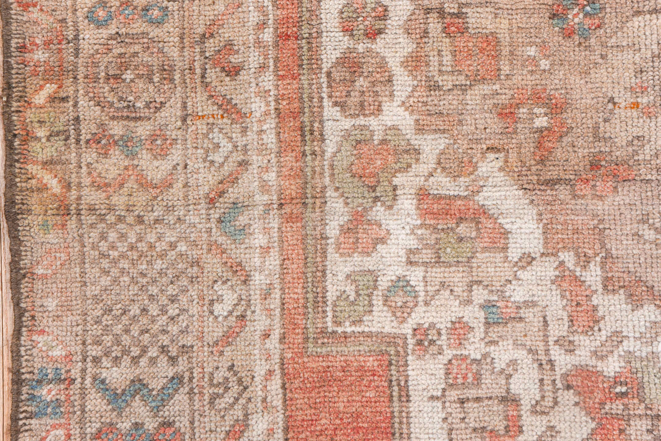 4' x 7' one-of-a-kind handmade vintage Oushak rug. Color palette: blush, taupe, ivory, coral, dusty blue, beige, pink, gray
