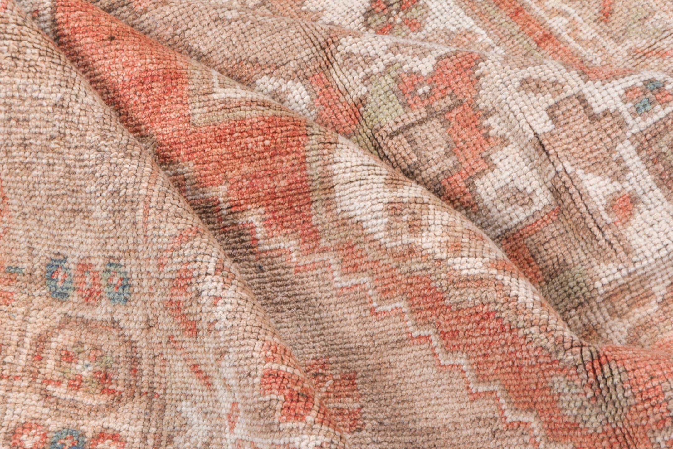 4' x 7' one-of-a-kind handmade vintage Oushak rug. Color palette: blush, taupe, ivory, coral, dusty blue, beige, pink, gray