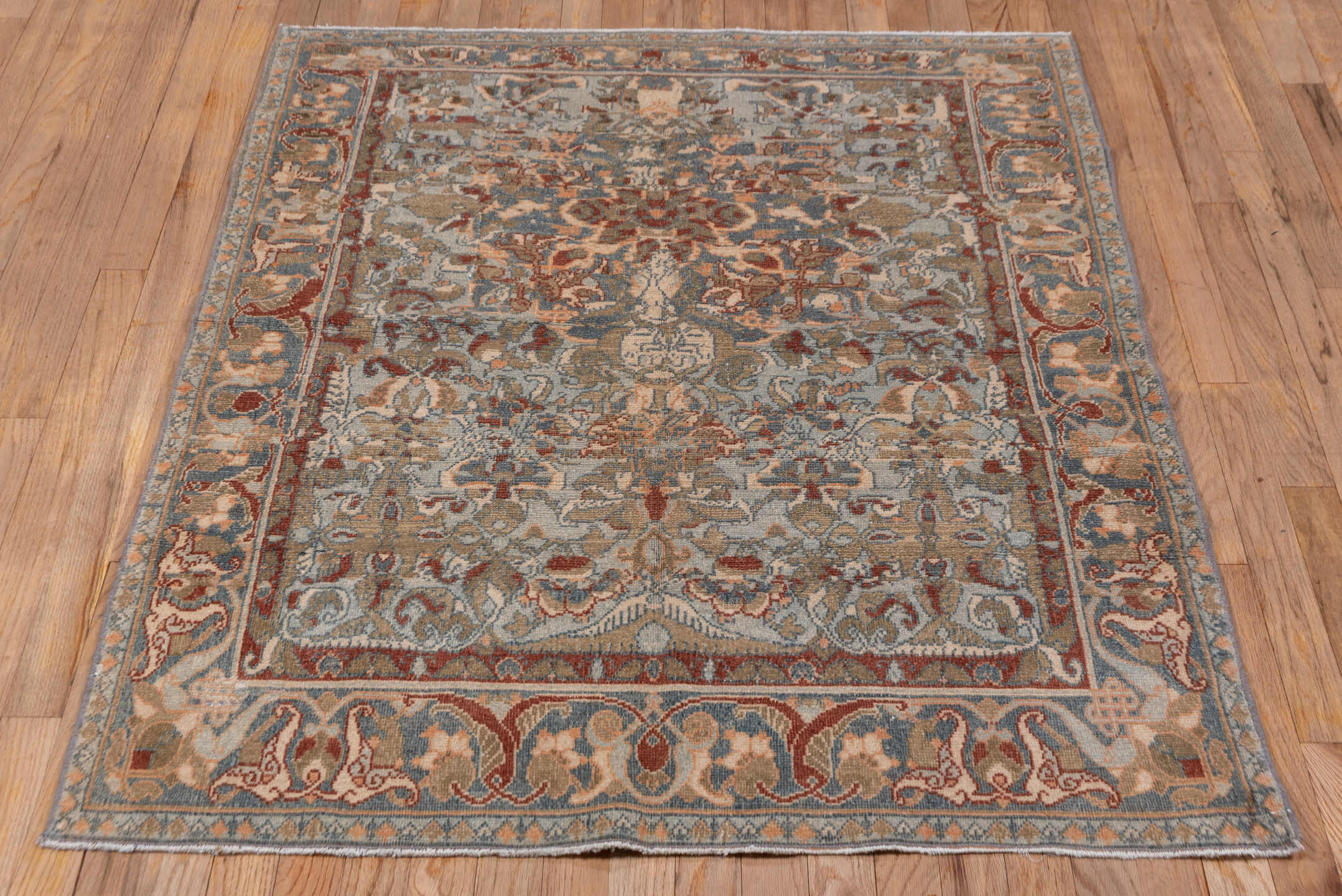3' x 4' one-of-a-kind handmade vintage Sivas small size rug. Color palette: blue, ivory, rust, taupe, camel, sage