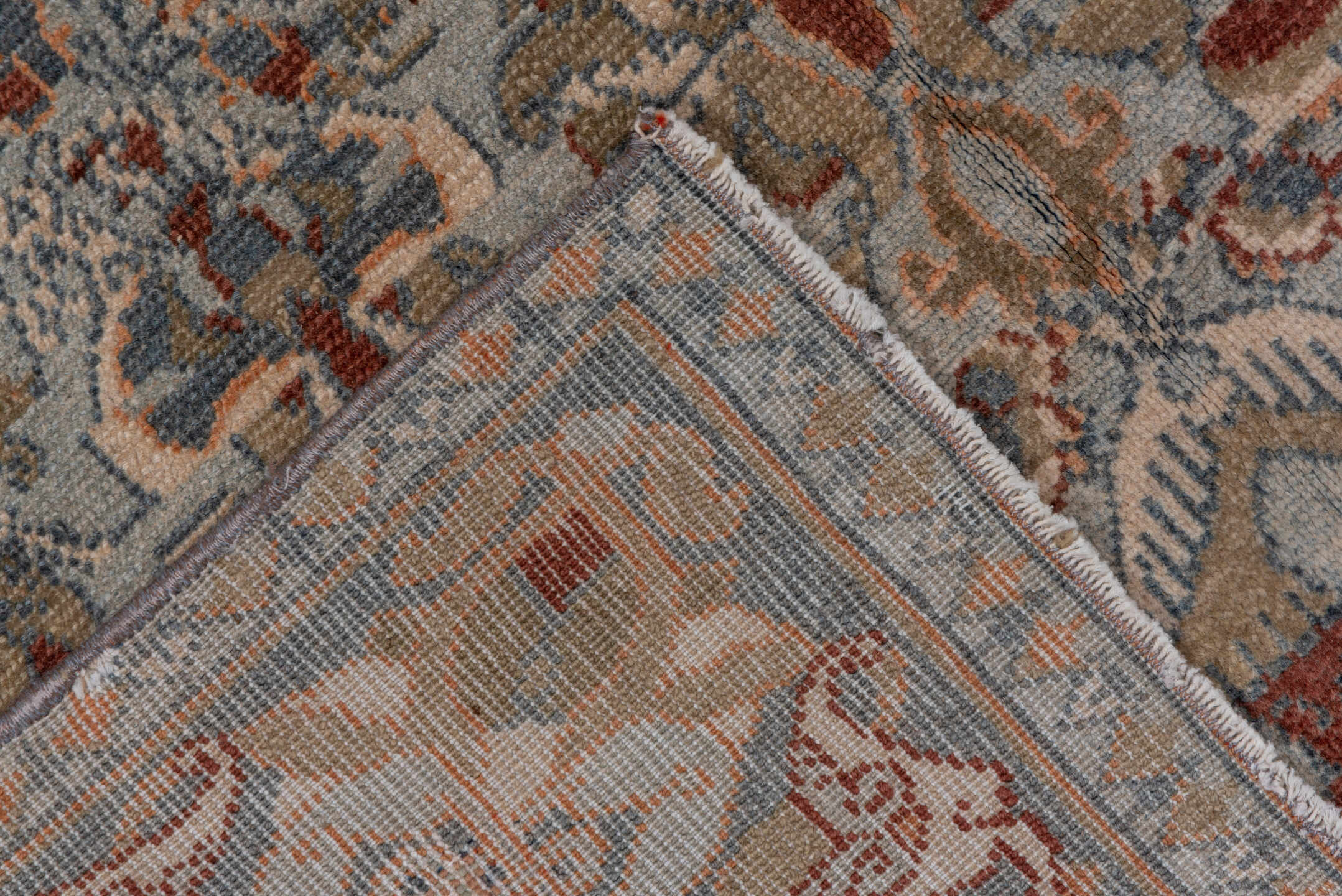 3' x 4' one-of-a-kind handmade vintage Sivas small size rug. Color palette: blue, ivory, rust, taupe, camel, sage