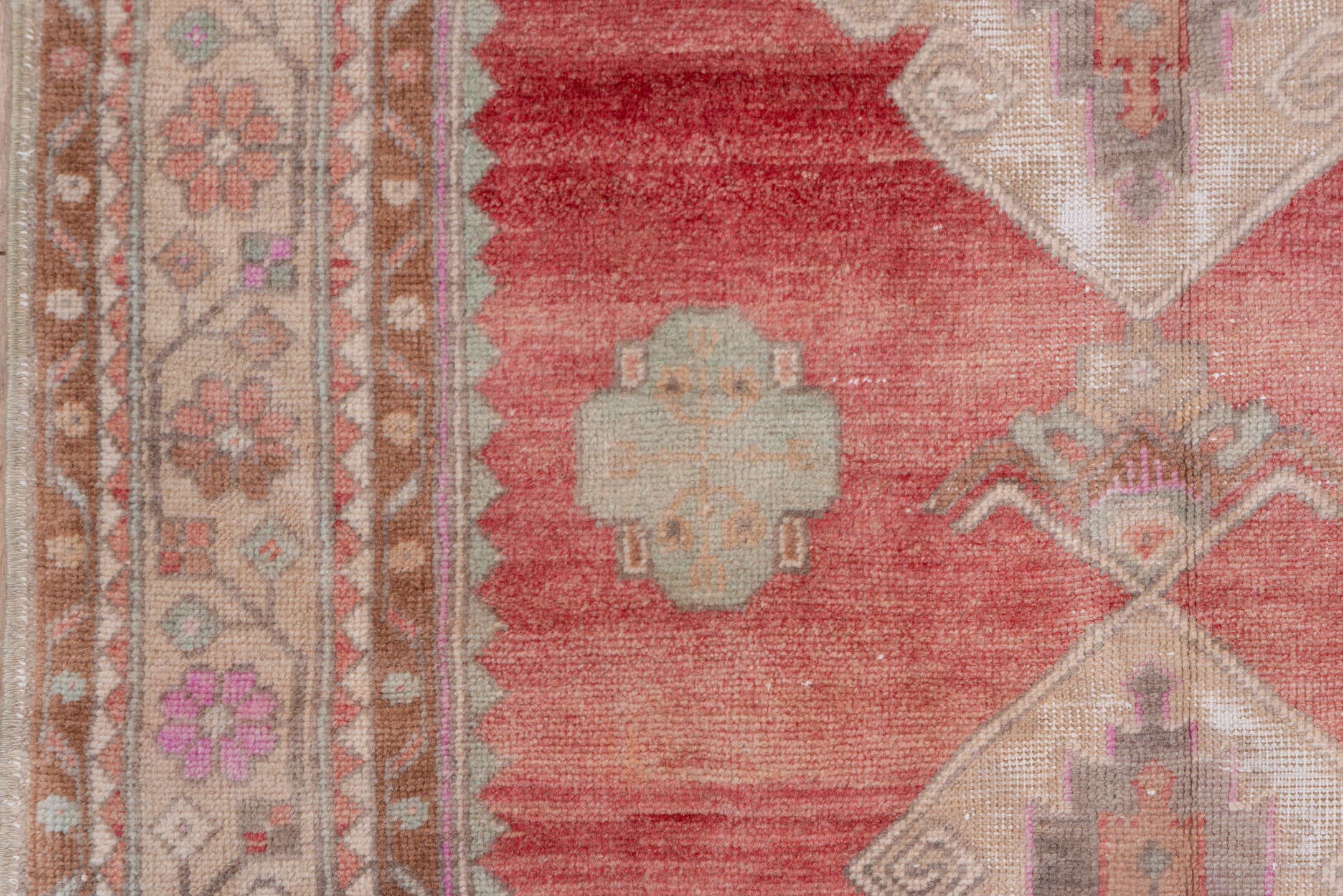 3' x 11' one-of-a-kind handmade antique Oushak runner rug. Color palette: rose, taupe, ivory, brown, dusty pink, sage