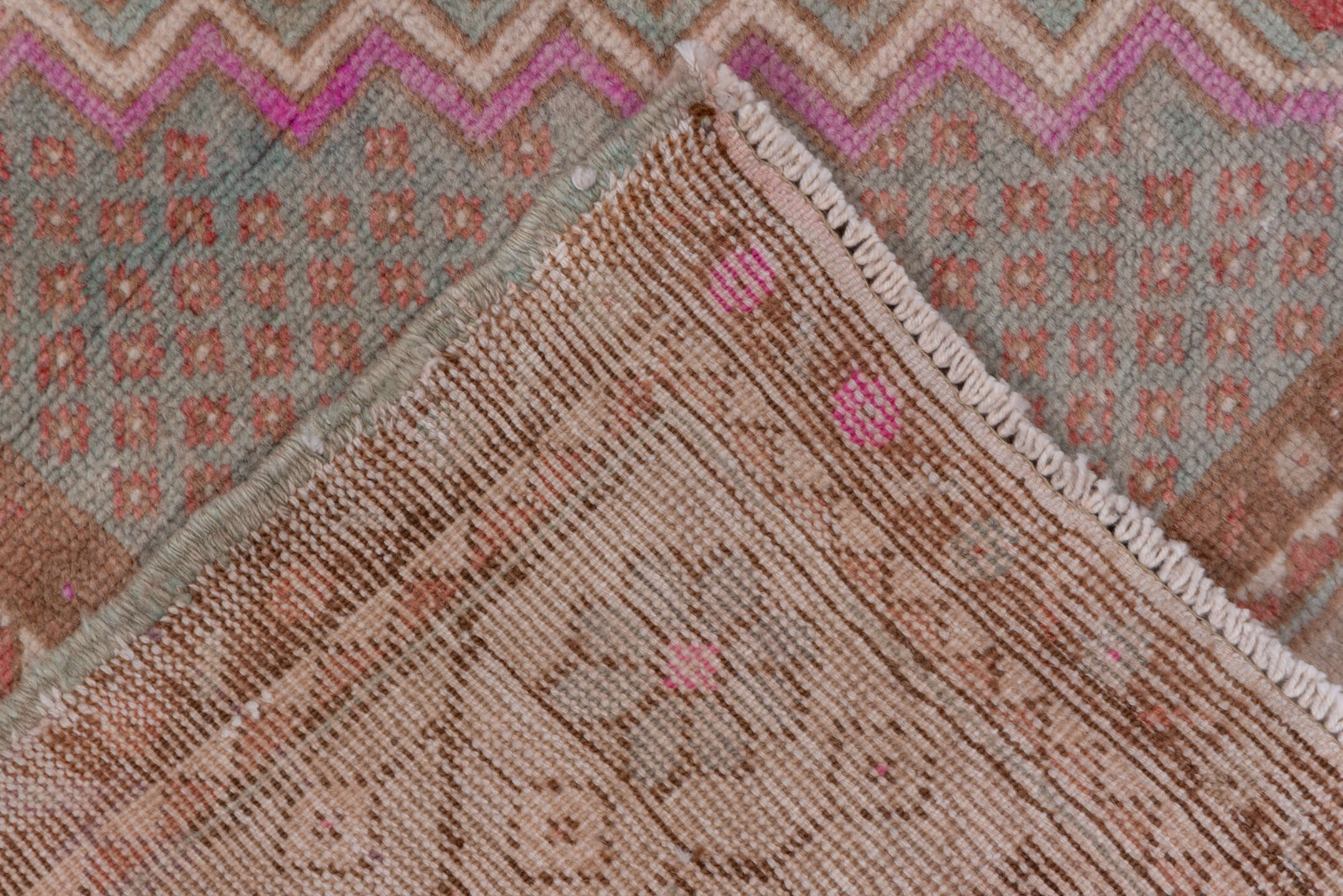 3' x 11' one-of-a-kind handmade vintage Oushak runner rug. Color palette: brown, gray, off-white, pink, red, snow, white