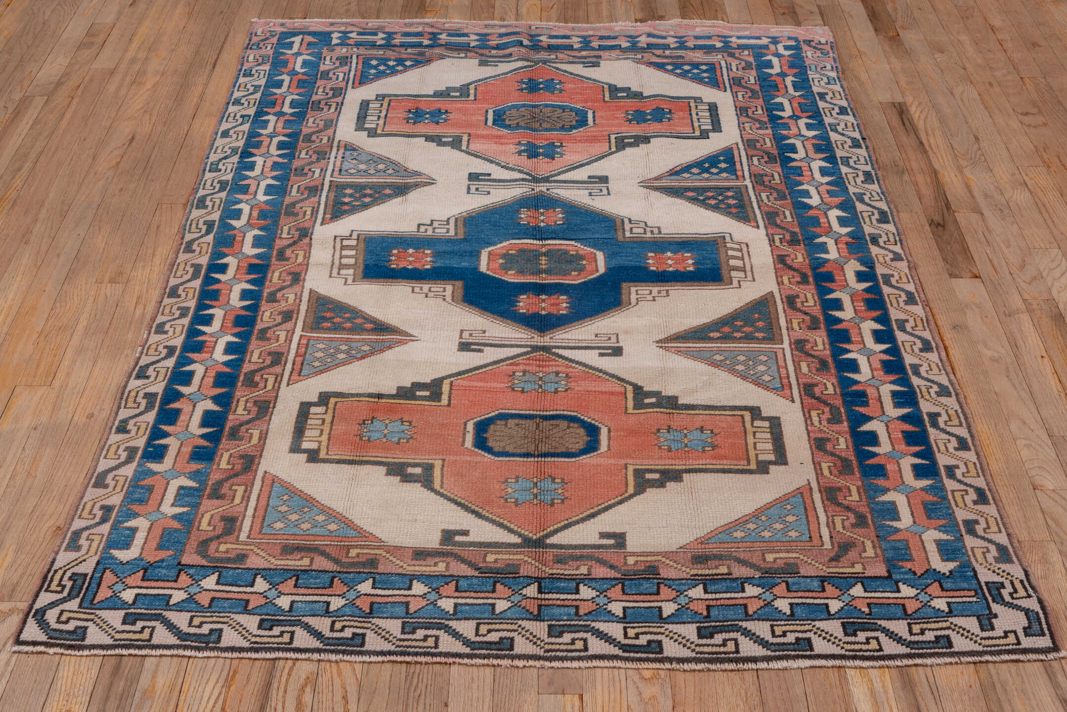 4' x 6' one-of-a-kind handmade vintage Oushak small size rug. Color palette: ivory, blue, coral, slate, taupe, terracotta