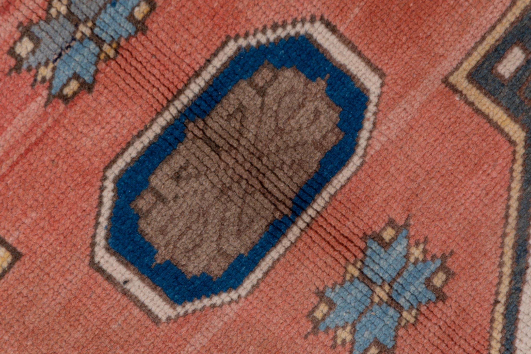 4' x 6' one-of-a-kind handmade vintage Oushak small size rug. Color palette: ivory, blue, coral, slate, taupe, terracotta