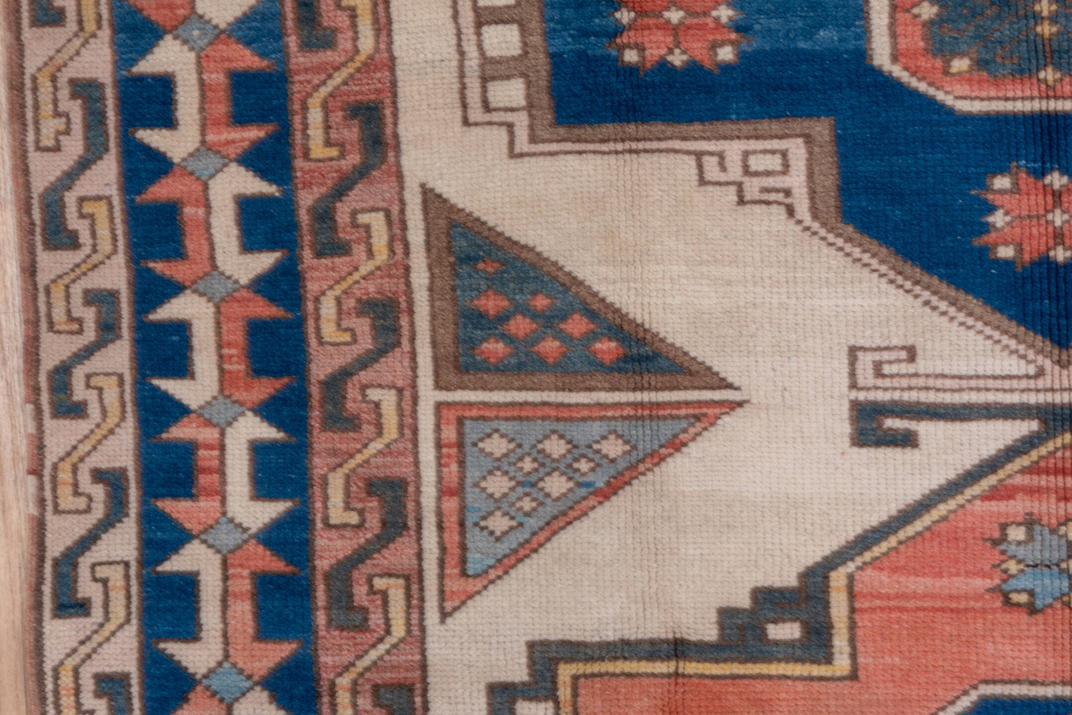 4' x 6' one-of-a-kind handmade vintage Oushak small size rug. Color palette: ivory, blue, coral, slate, taupe, terracotta
