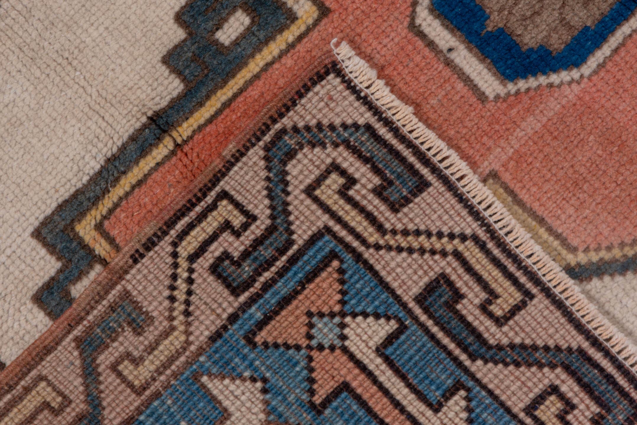 4' x 6' one-of-a-kind handmade vintage Oushak small size rug. Color palette: ivory, blue, coral, slate, taupe, terracotta