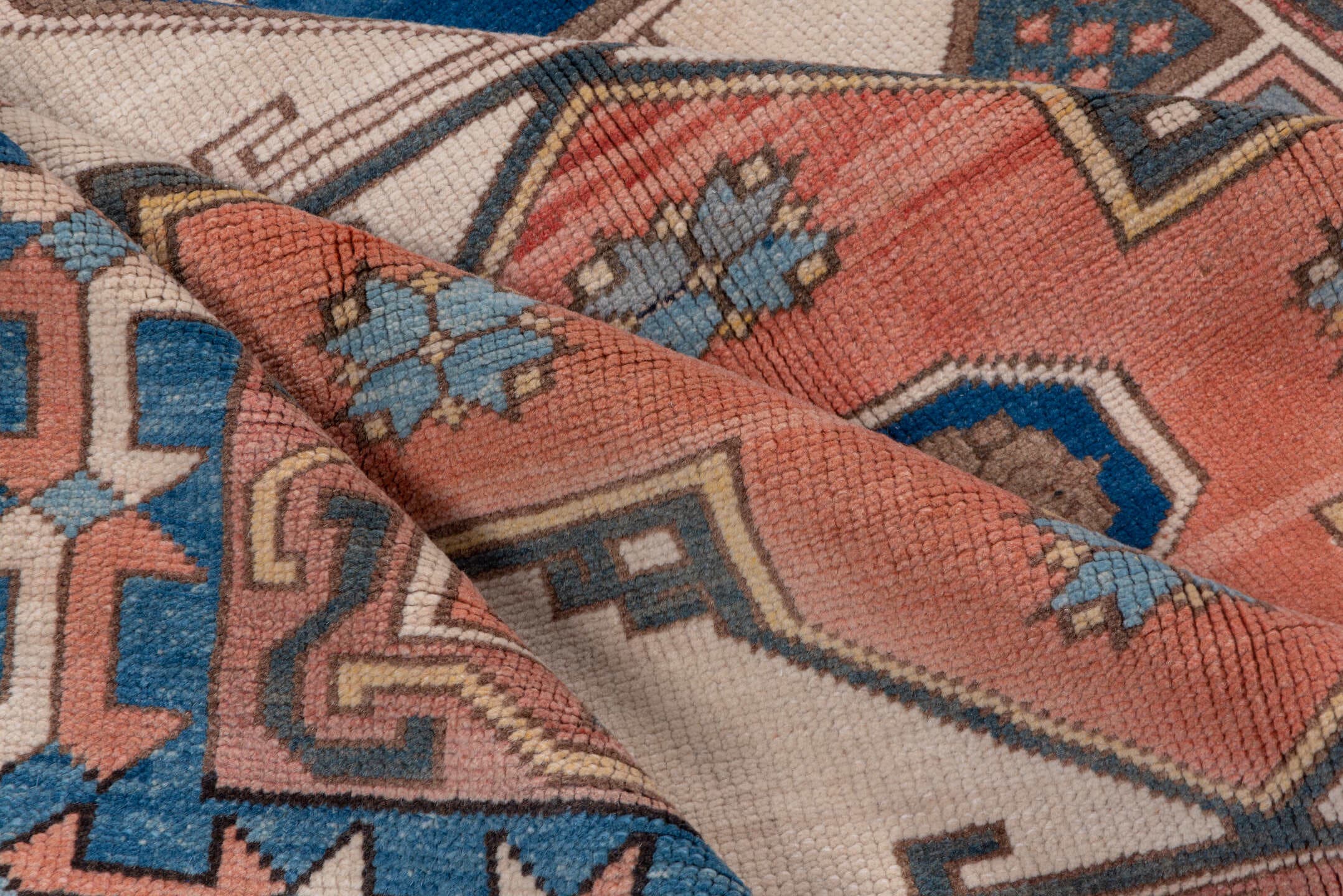 4' x 6' one-of-a-kind handmade vintage Oushak small size rug. Color palette: ivory, blue, coral, slate, taupe, terracotta
