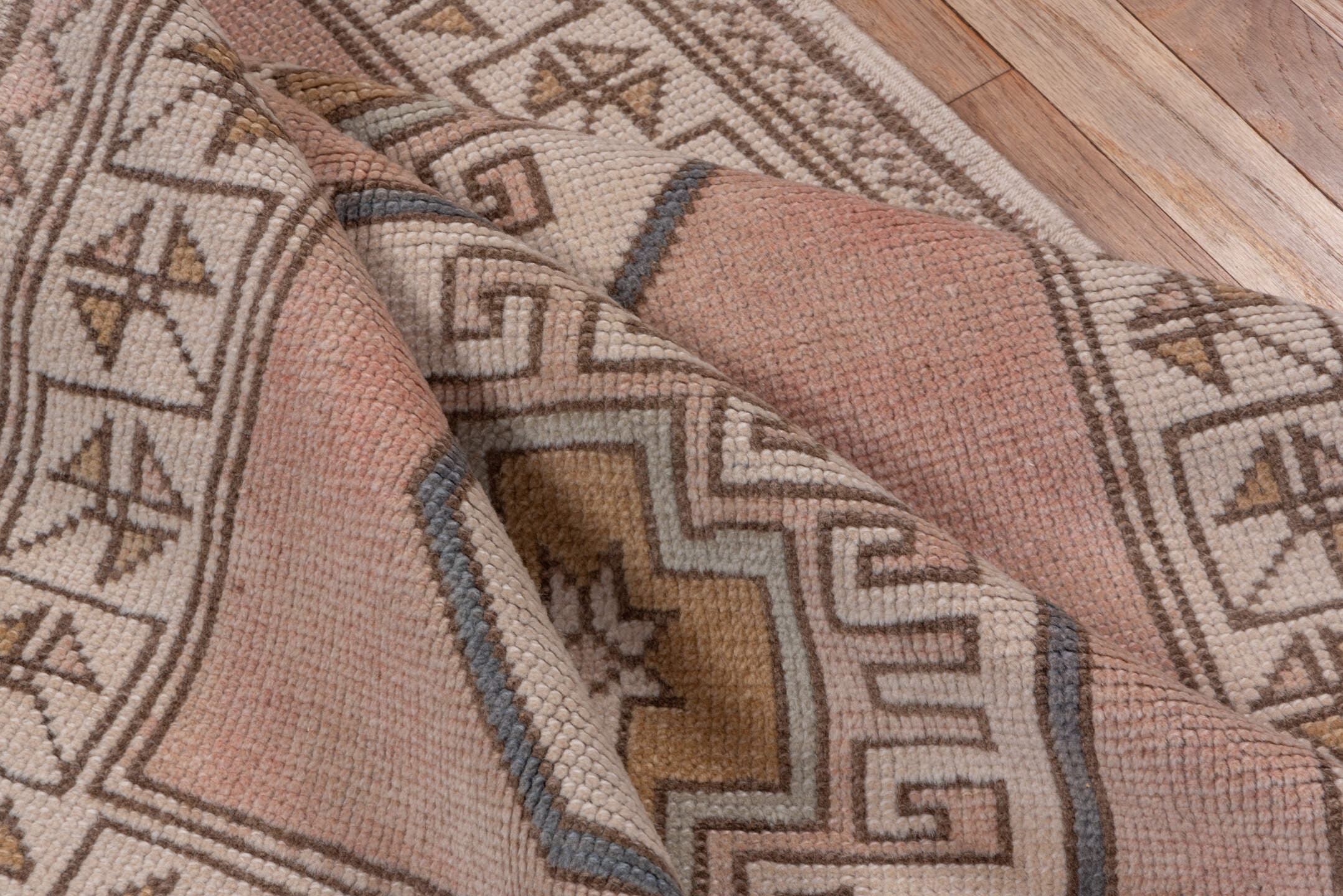 2' x 11' one-of-a-kind handmade vintage Oushak runner rug. Color palette: blush, ivory, taupe, camel, beige, soft gold, pink