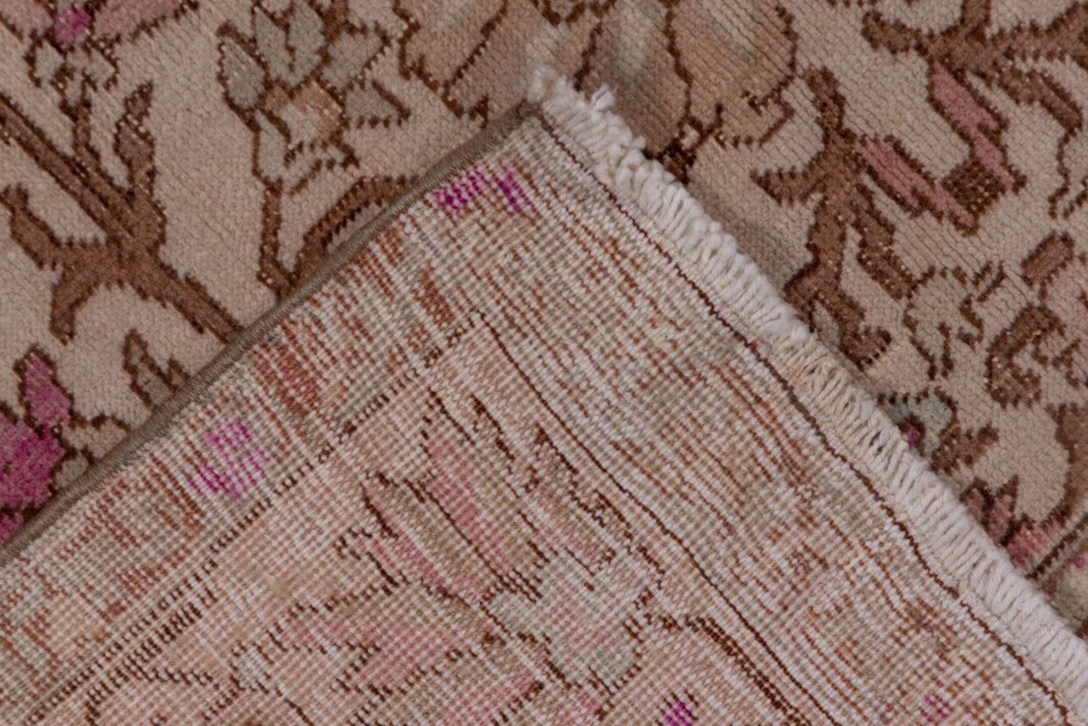 4' x 7' one-of-a-kind handmade vintage Oushak rug. Color palette: brown, gray, light gray, off-white, orange, pink