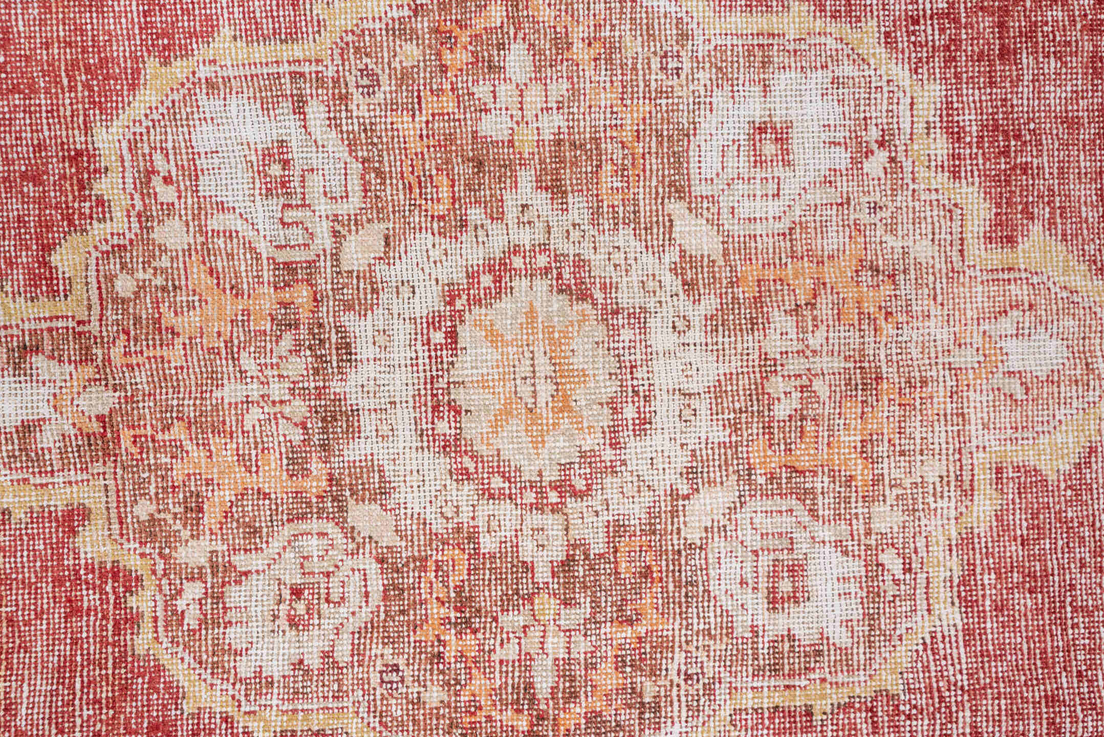 6' x 9' one-of-a-kind handmade vintage Oushak medium size rug. Color palette: terra cotta, ivory, rose, gold, rust, beige
