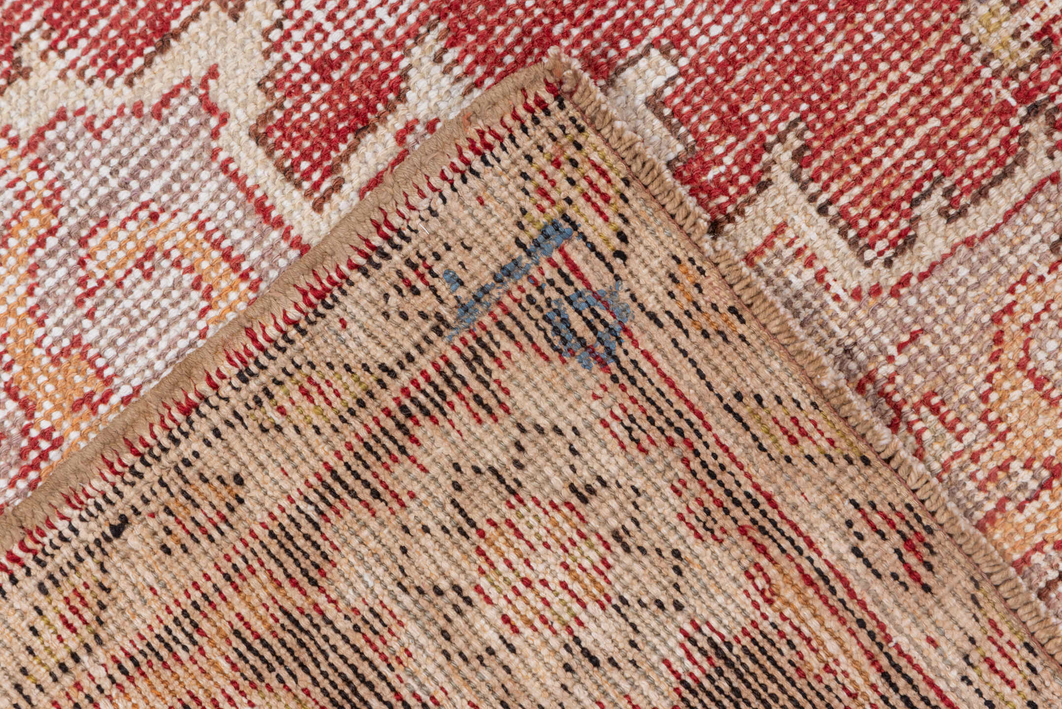 6' x 9' one-of-a-kind handmade vintage Oushak medium size rug. Color palette: terra cotta, ivory, rose, gold, rust, beige