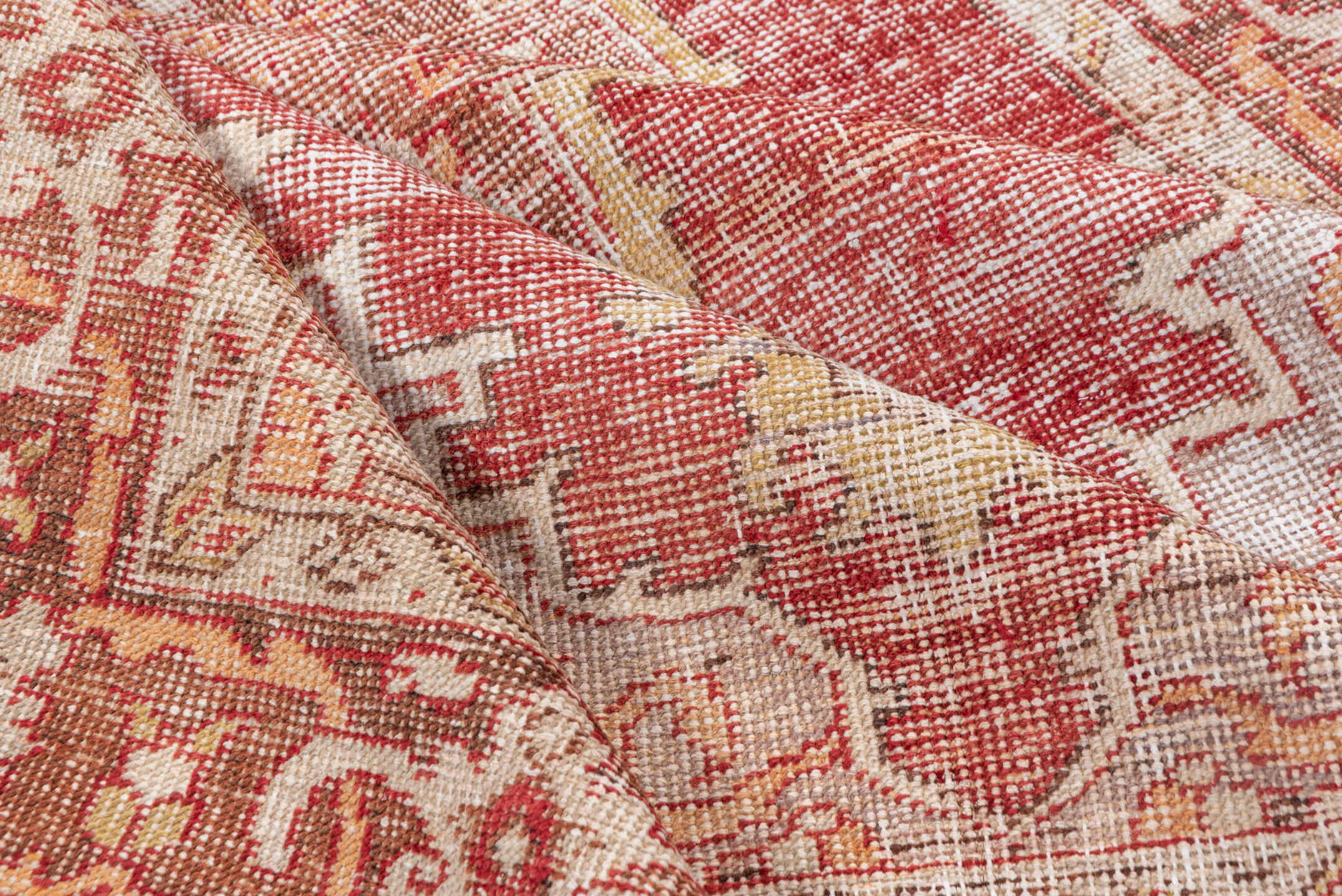 6' x 9' one-of-a-kind handmade vintage Oushak medium size rug. Color palette: terra cotta, ivory, rose, gold, rust, beige