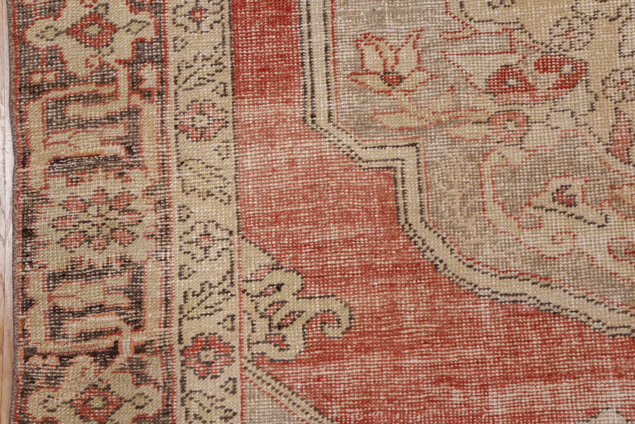 7' x 10' one-of-a-kind handmade vintage Oushak large size rug. Color palette: rose, ivory, taupe, charcoal, blush, camel