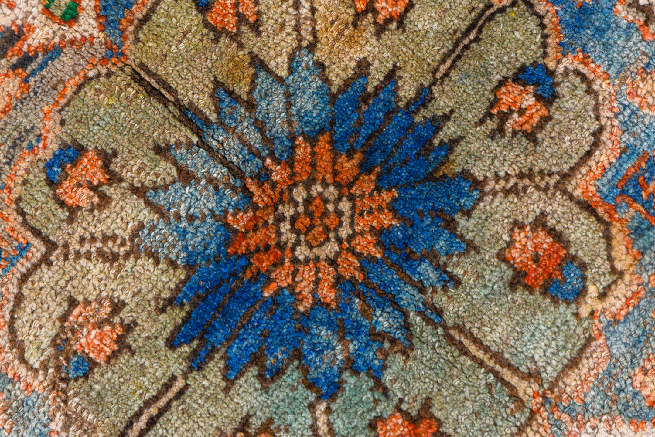 7' x 8' one-of-a-kind handmade vintage Oushak rug. Color palette: terra cotta, ivory, blue, sky blue, gray, rust, green