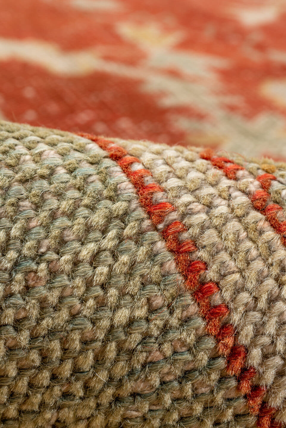 13' x 15' one-of-a-kind handmade antique Oushak oversize rug. Color palette: rust, ivory, sage, gold, terra cotta, beige