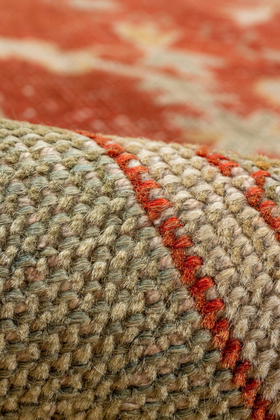 13' x 15' one-of-a-kind handmade antique Oushak oversize rug. Color palette: rust, ivory, sage, gold, terra cotta, beige