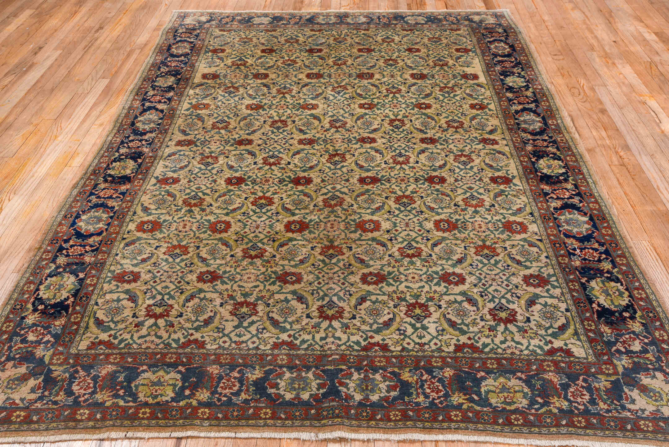 6' x 9' one-of-a-kind handmade vintage Sivas medium size rug. Color palette: blue, brown, fiord, gray, light gray, pink, red
