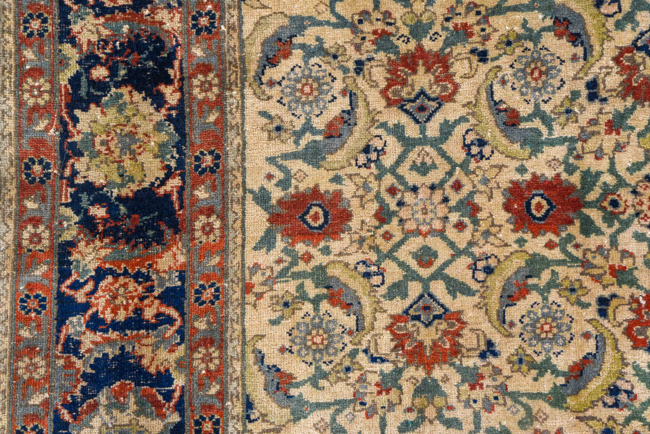 6' x 9' one-of-a-kind handmade vintage Sivas medium size rug. Color palette: ivory, navy, rust, sage, sky blue, rose, taupe