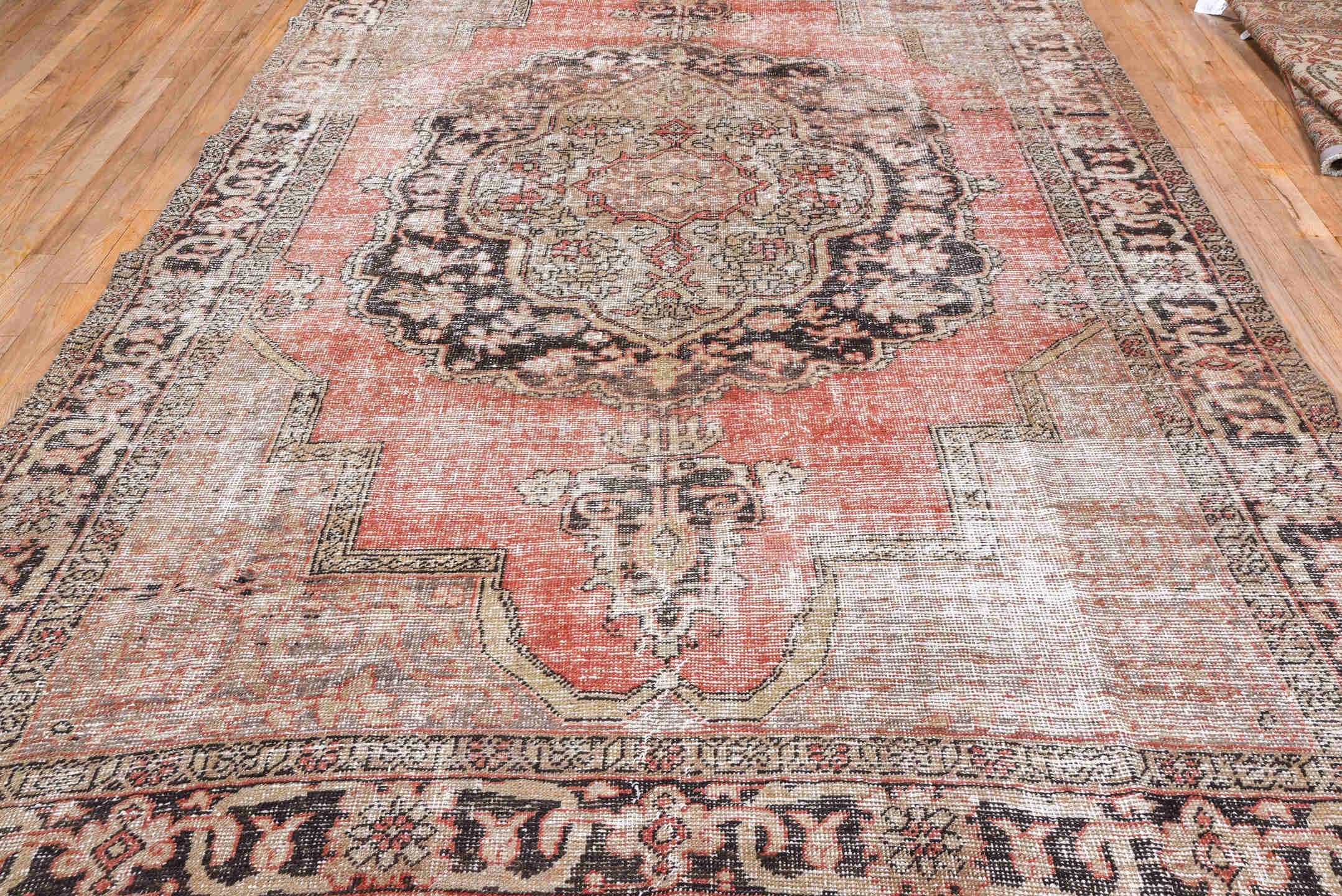 8' x 12' one-of-a-kind handmade vintage Oushak large size rug. Color palette: coral, ivory, charcoal, blush, taupe, rose
