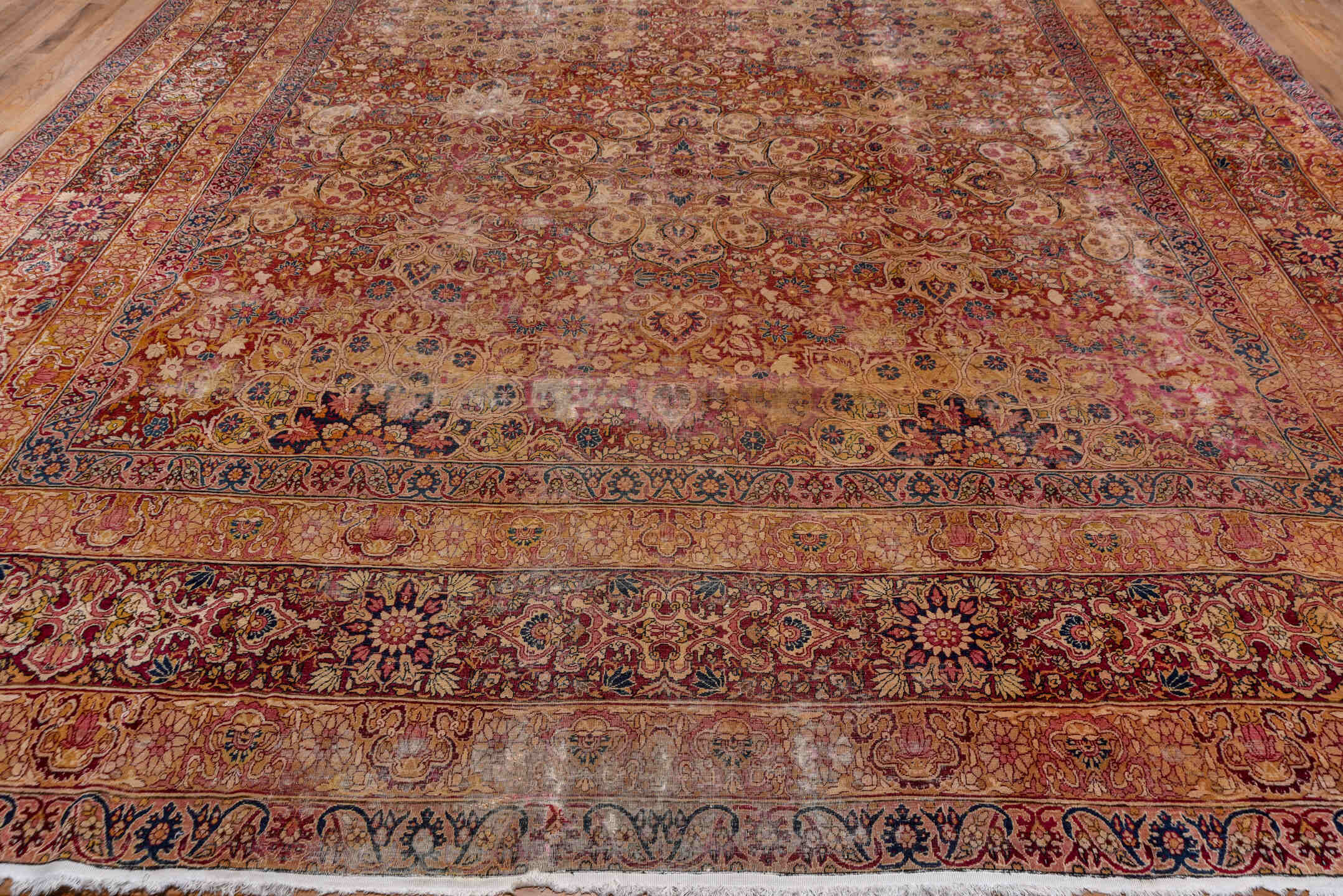 12' x 19' one-of-a-kind handmade vintage Lavar oversize rug. Color palette: rose, terra cotta, ivory, beige, muted blue