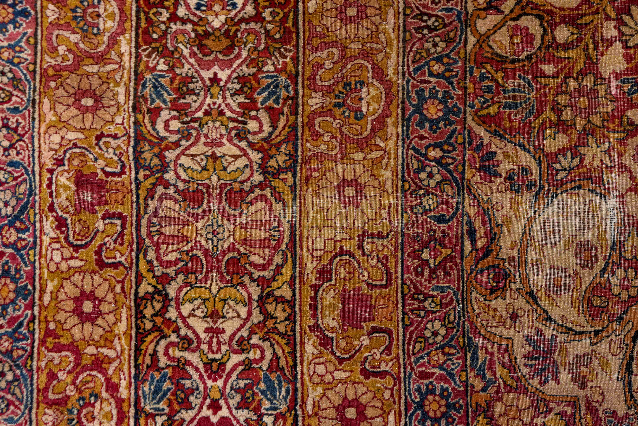 12' x 19' one-of-a-kind handmade vintage Lavar oversize rug. Color palette: rose, terra cotta, ivory, beige, muted blue