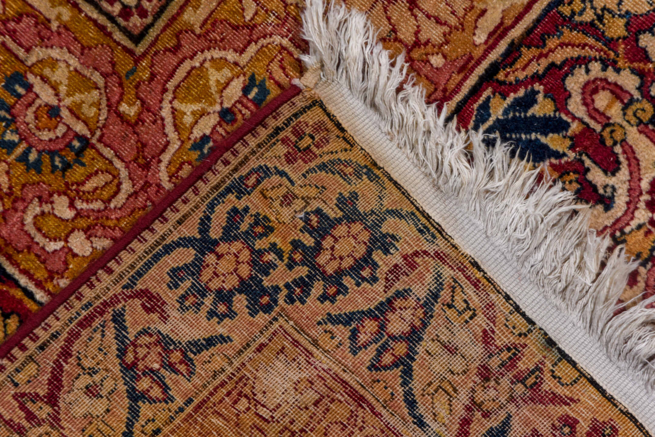 12' x 19' one-of-a-kind handmade vintage Lavar oversize rug. Color palette: rose, terra cotta, ivory, beige, muted blue