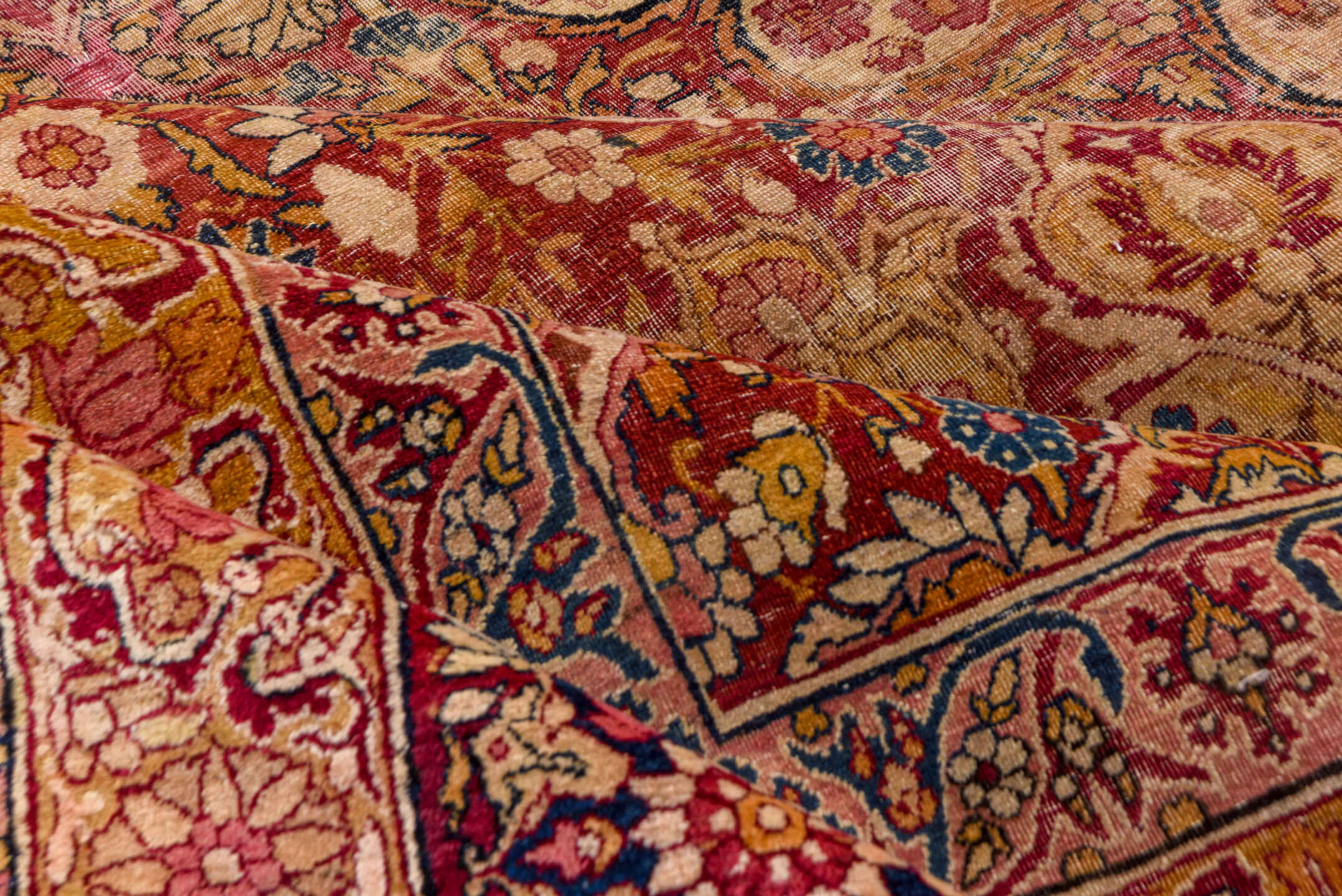 12' x 19' one-of-a-kind handmade vintage Lavar oversize rug. Color palette: rose, terra cotta, ivory, beige, muted blue