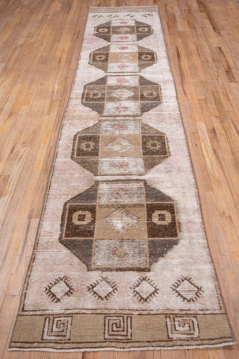2' x 13' one-of-a-kind handmade vintage Oushak runner rug. Color palette: blush, taupe, brown, ivory, rose, camel, pink