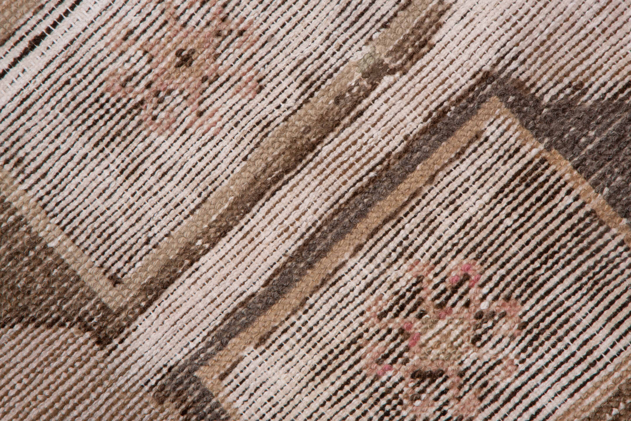 2' x 13' one-of-a-kind handmade vintage Oushak runner rug. Color palette: brown, gray, light gray, off-white, orange, pink