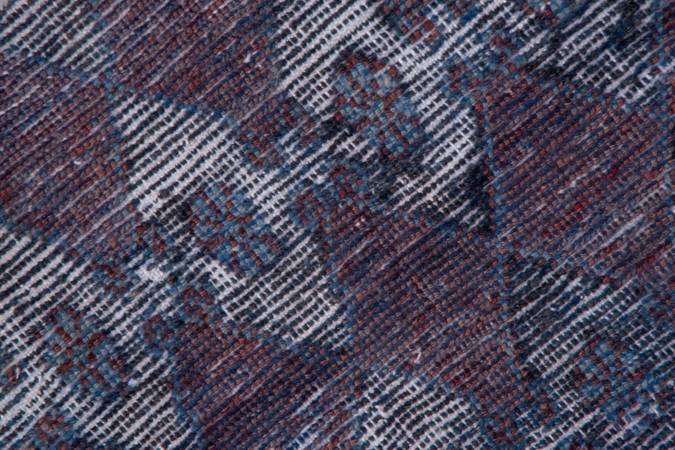 3' x 8' one-of-a-kind handmade vintage Overdyed runner rug. Color palette: burgundy, slate, ivory, charcoal, indigo, taupe