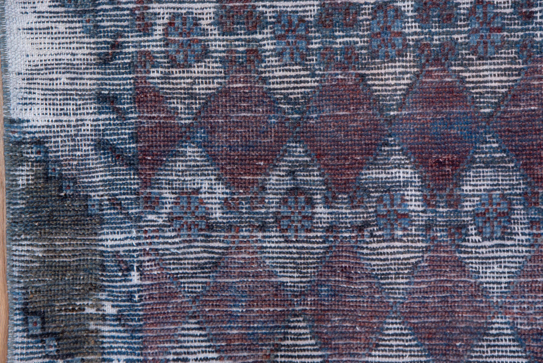 3' x 8' one-of-a-kind handmade vintage Overdyed runner rug. Color palette: burgundy, slate, ivory, charcoal, indigo, taupe