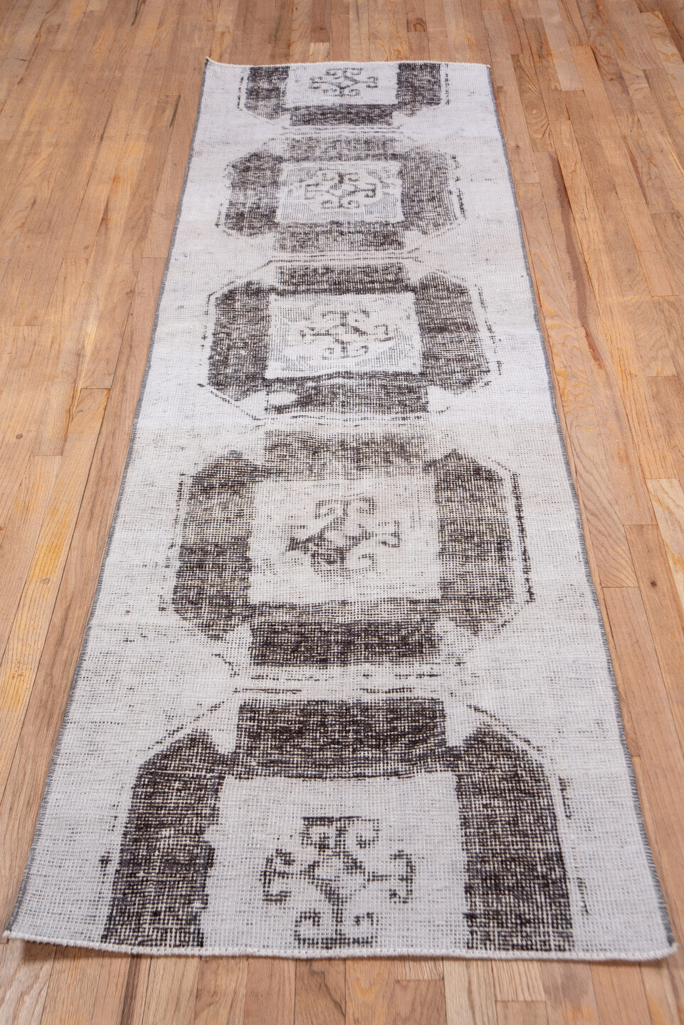 2' x 9' one-of-a-kind handmade vintage Oushak runner rug. Color palette: black, gray, light gray, off-white, pink, silver