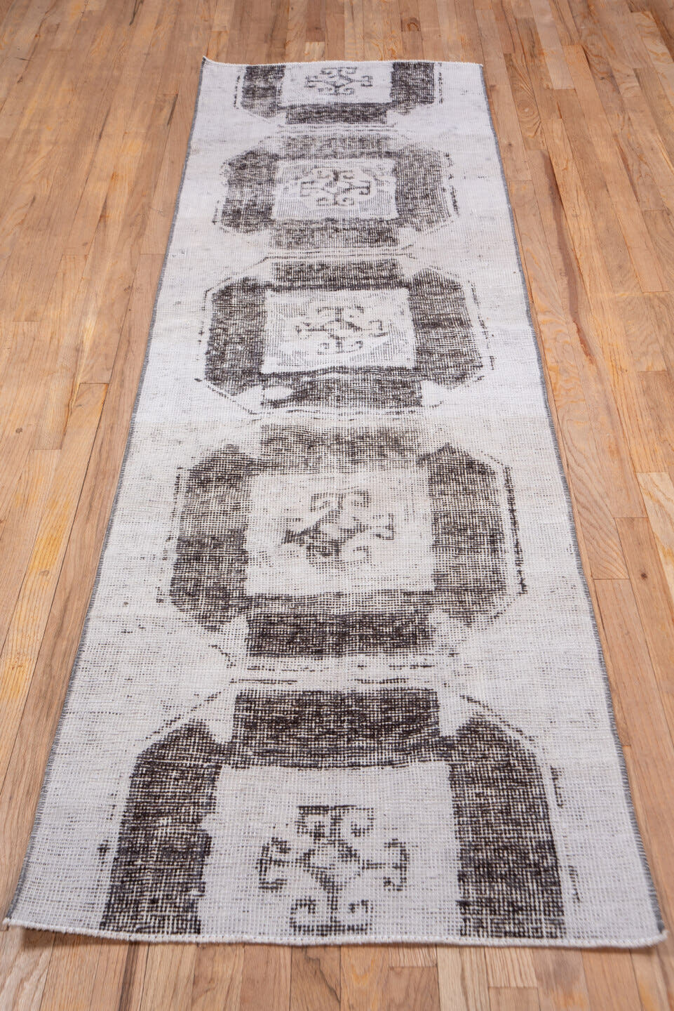2' x 9' one-of-a-kind handmade vintage Oushak runner rug. Color palette: ivory, taupe, charcoal, beige, gray, black