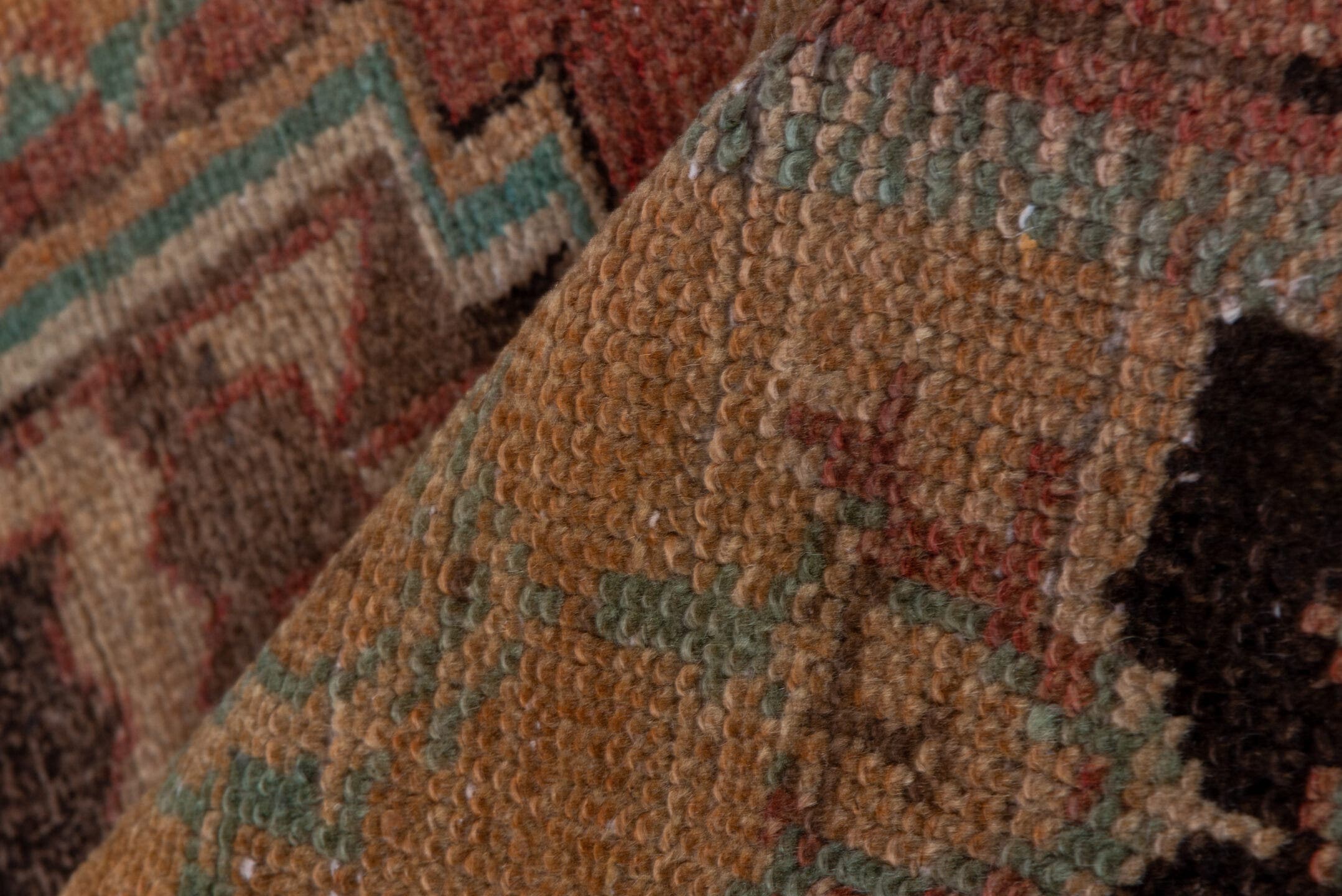 2' x 10' one-of-a-kind handmade vintage Oushak runner rug. Color palette: terra cotta, camel, tan, turquoise, brown, ivory