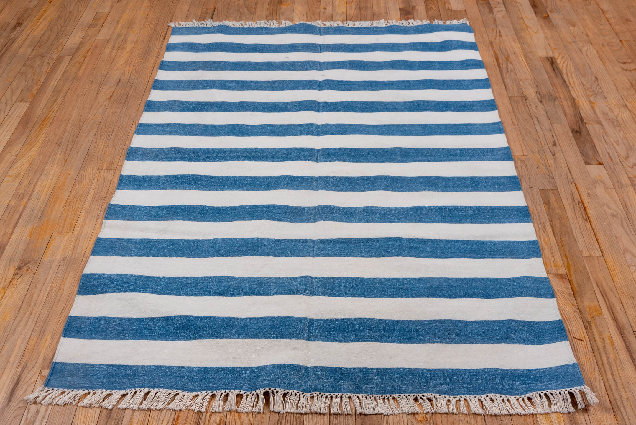 4' x 6' one-of-a-kind handmade vintage Dhurrie small size rug. Color palette: light blue, gray, blue, off-white, light gray