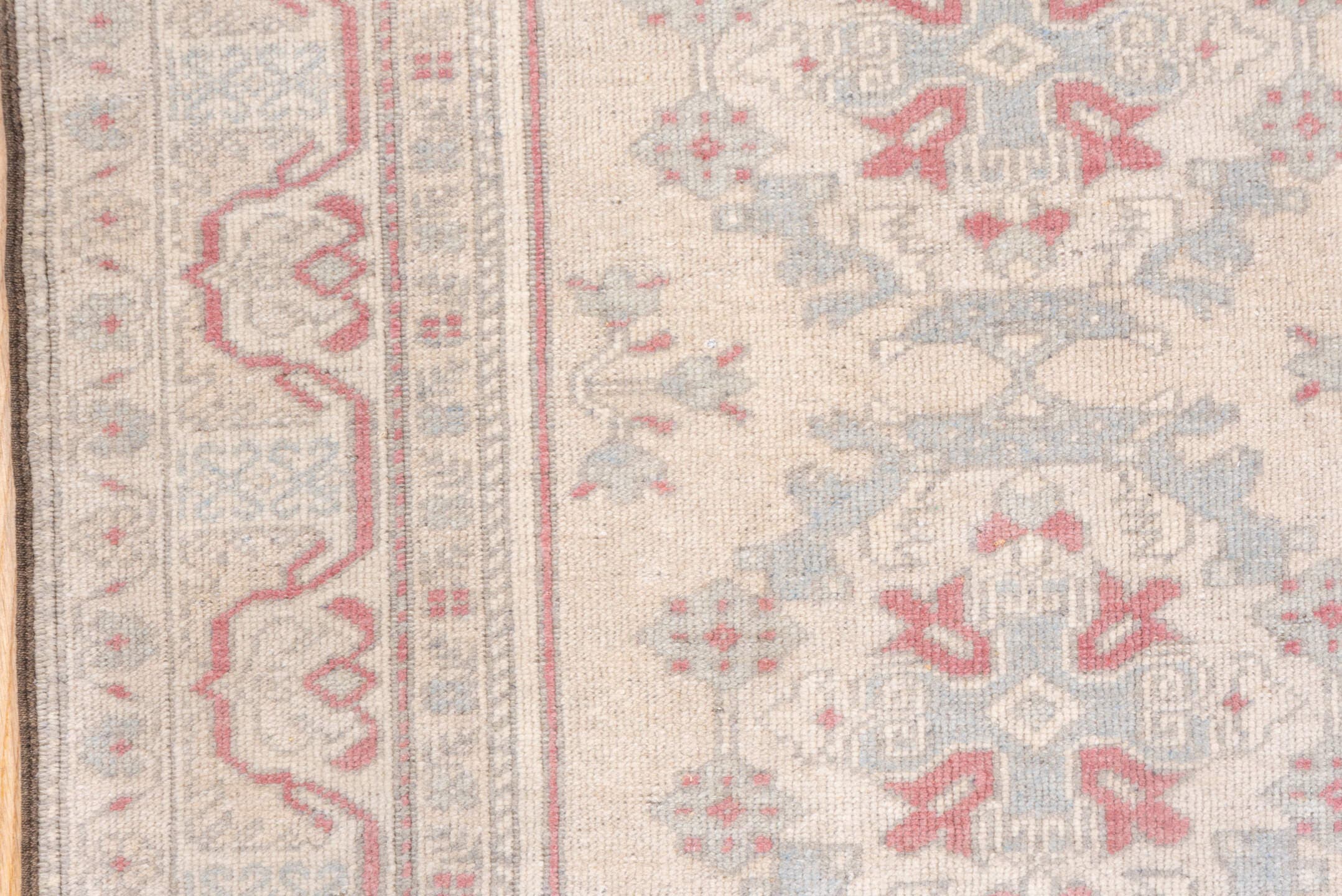 2' x 9' one-of-a-kind handmade vintage Oushak runner rug. Color palette: ivory, blush, pale blue, cream, taupe, rose, pink