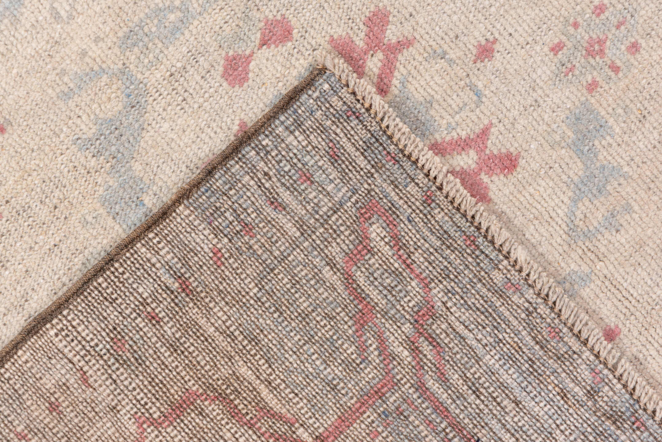 2' x 9' one-of-a-kind handmade vintage Oushak runner rug. Color palette: ivory, blush, pale blue, cream, taupe, rose, pink