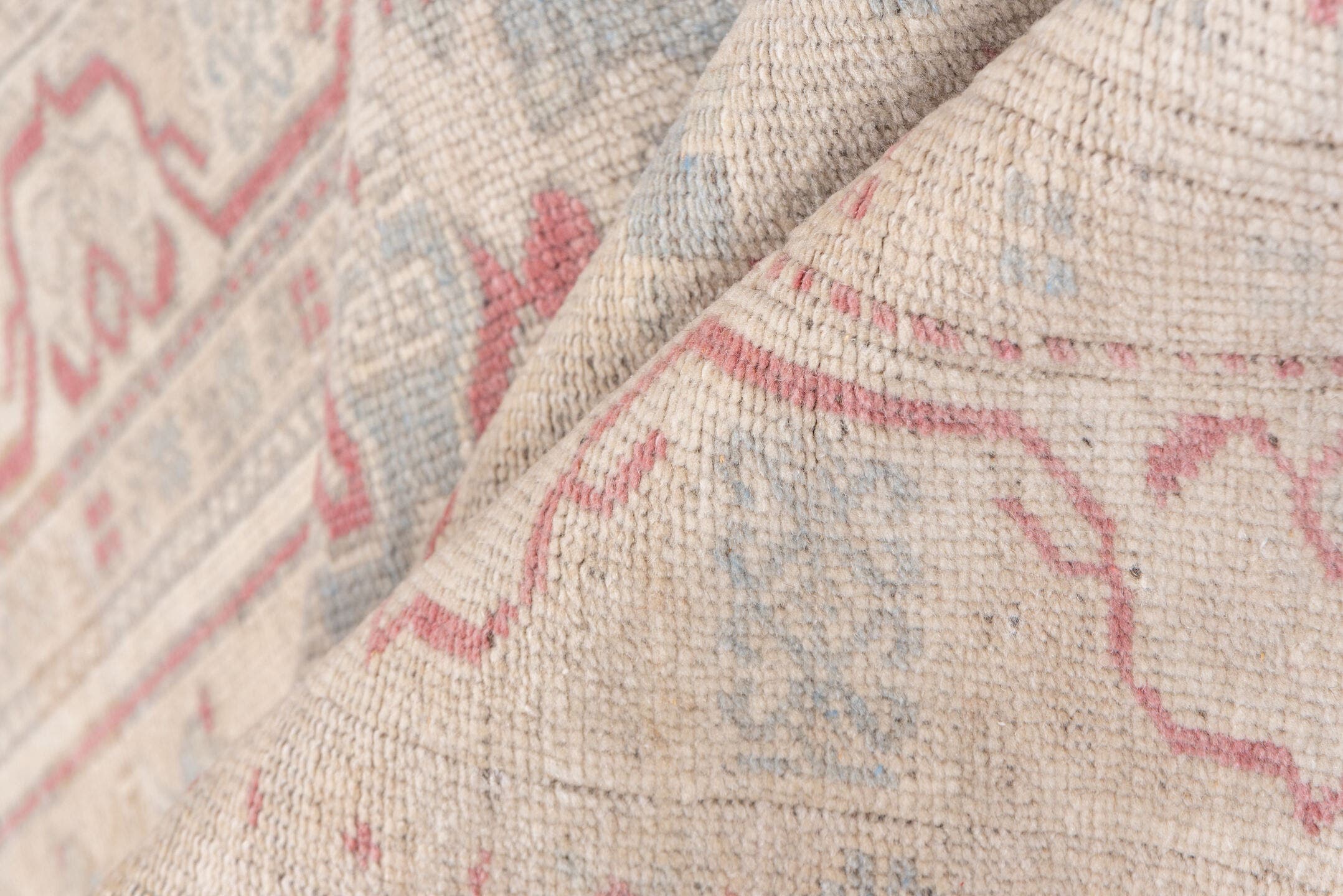 2' x 9' one-of-a-kind handmade vintage Oushak runner rug. Color palette: ivory, blush, pale blue, cream, taupe, rose, pink